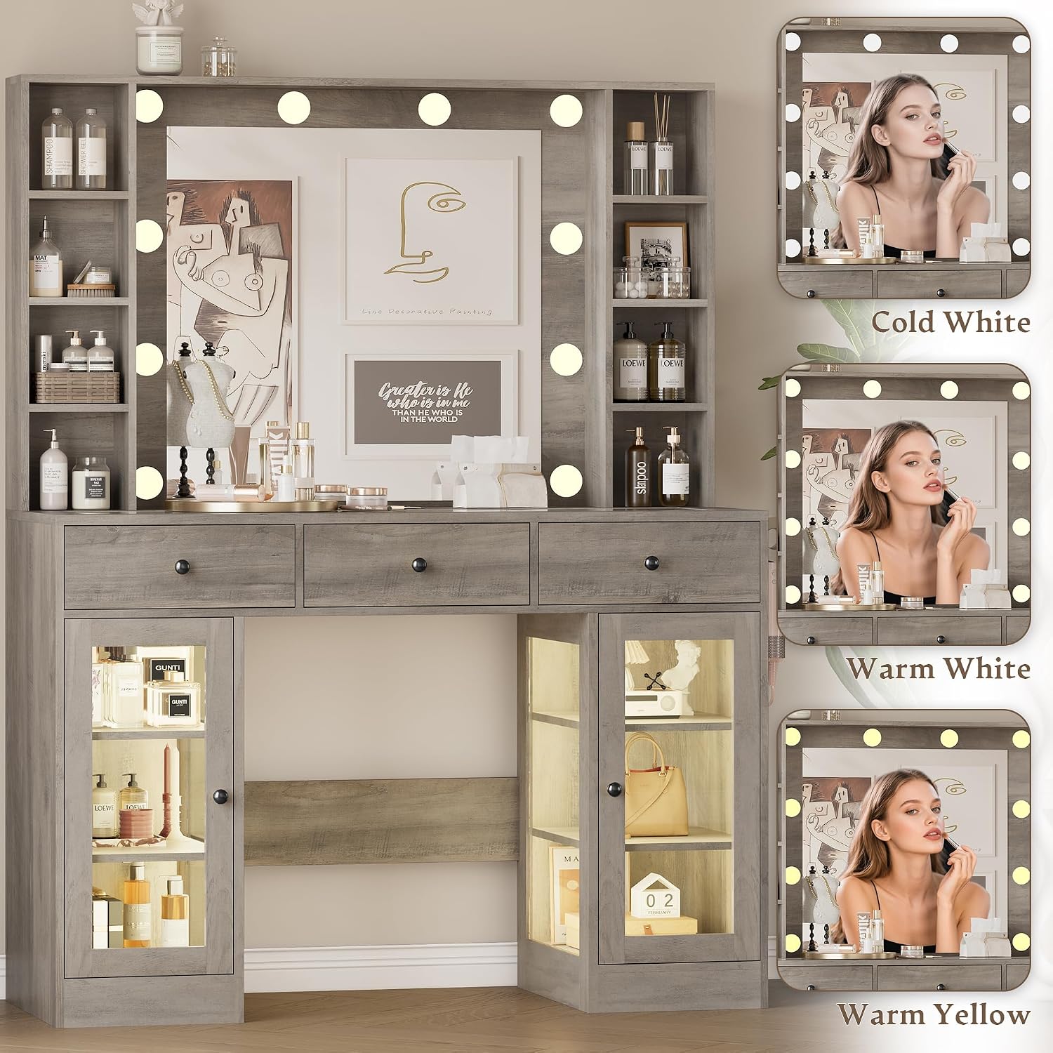 Wodeer Makeup Vanity Desk with Mirror and Lights, Grey Vanity with Glass Top, LED Lights & Power Outlet, 3 Drawers & 2 RGB Glass Cabinets, Adjustable Lighted Dressing Table for Women & Girls Bedroom