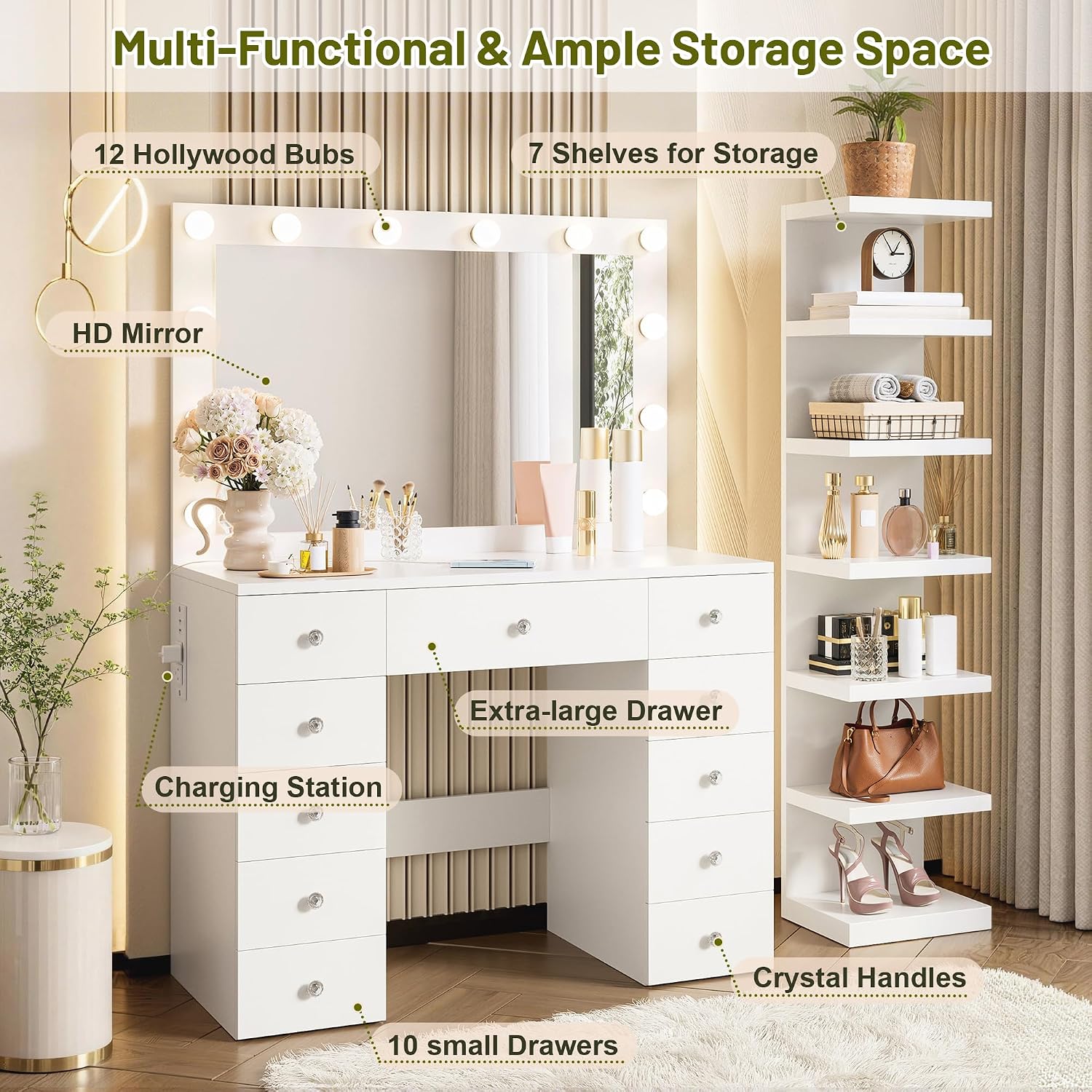Merax 43.3' L Makeup Vanity with Mirror and Light, Extra 7-Tier Storage Shelves, White Vanity Desk Dressing Table with Power Outlet and 11 Drawers, 3 Color Light Modes for Bedroom or Dressing Room