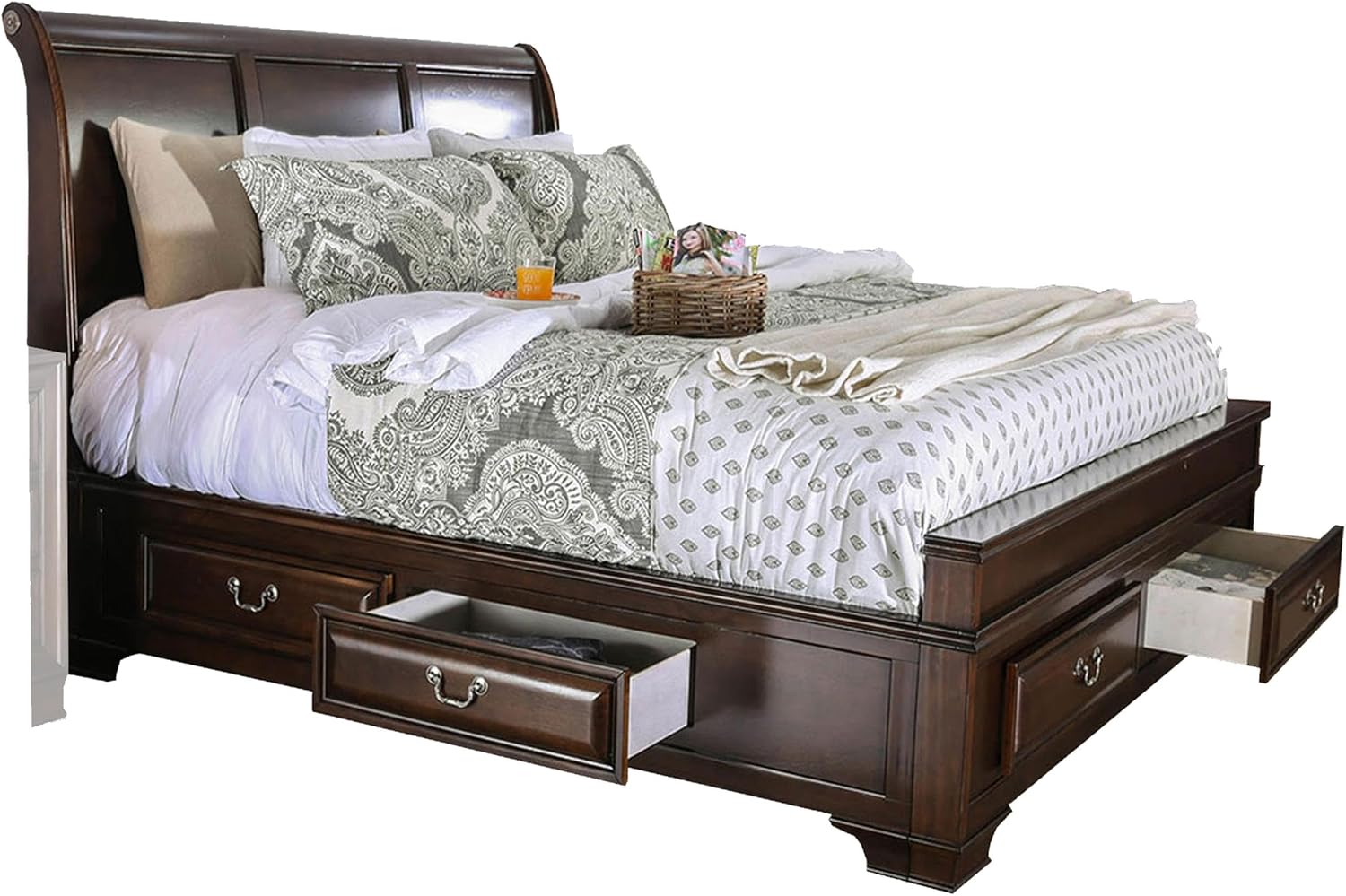 Benjara Lio Four PC King Size Bedroom Set - Cherry Brown Wood Inlay/Silver
