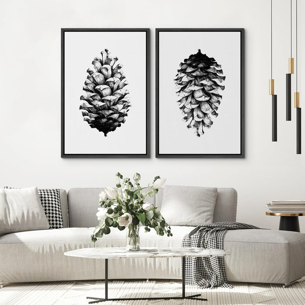 SIGNWIN Framed Canvas Print Wall Art Set Black & White Forest Woodland Pinecone Nature Wilderness Illustrations Modern Art Relax/Calm for Living Room, Bedroom, Office - 24'x36'x2 Black