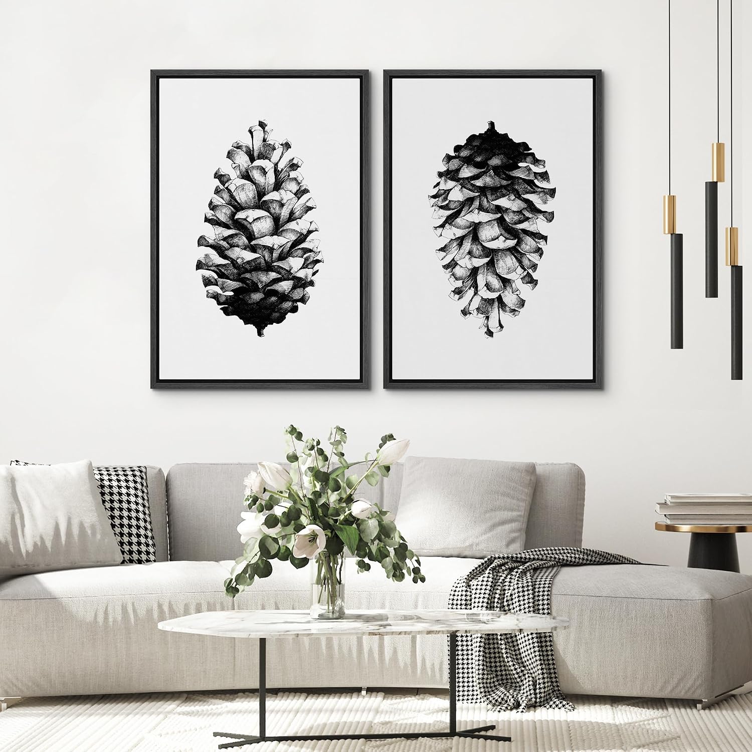 SIGNWIN Framed Canvas Print Wall Art Set Black & White Forest Woodland Pinecone Nature Wilderness Illustrations Modern Art Relax/Calm for Living Room, Bedroom, Office - 24'x36'x2 Black