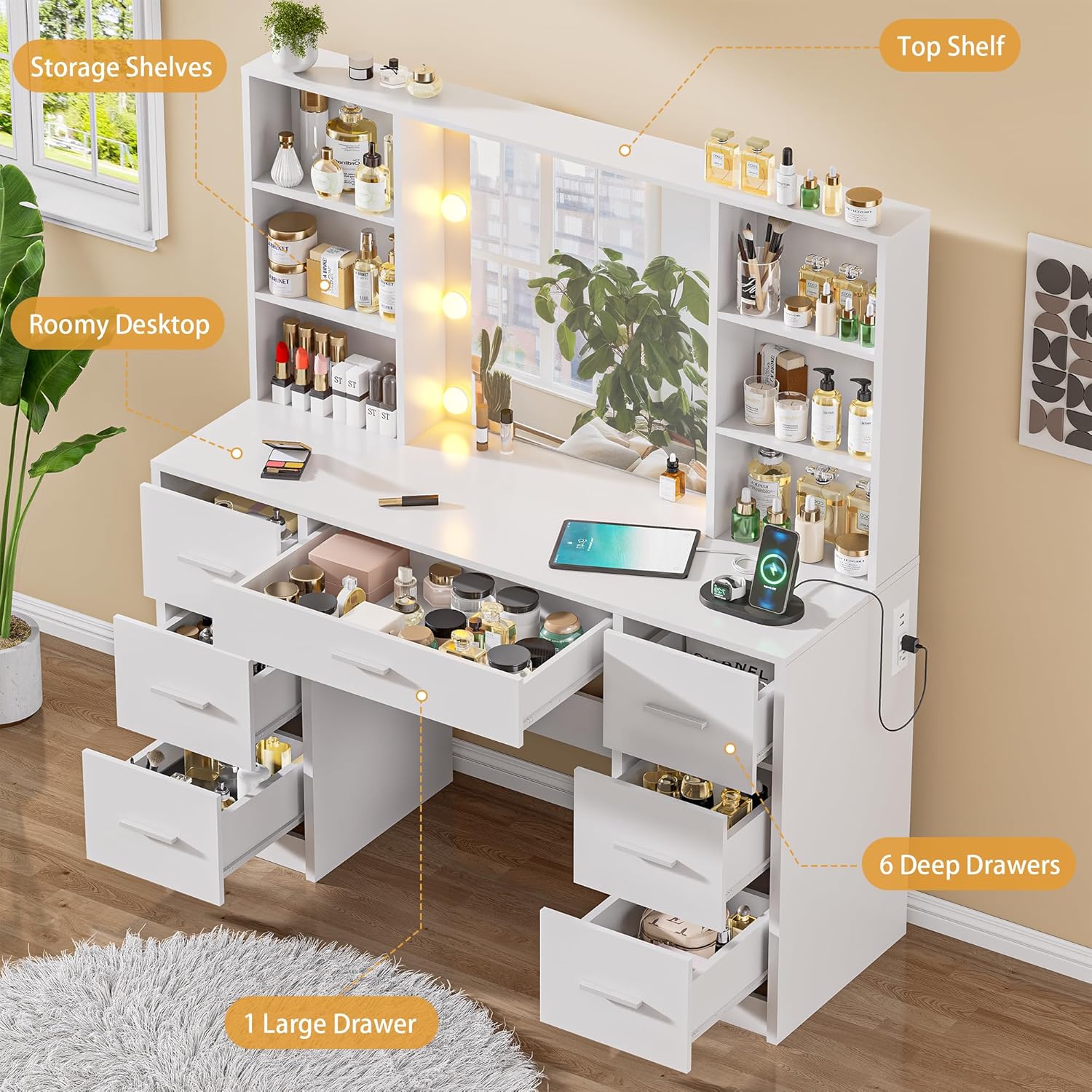Vanity Desk with Mirror and LED Lights, Large Vanity with 7 Drawers and 6 Shelves, Make up Vanity Dressing Table with Charging Station for Girls, Women (White)