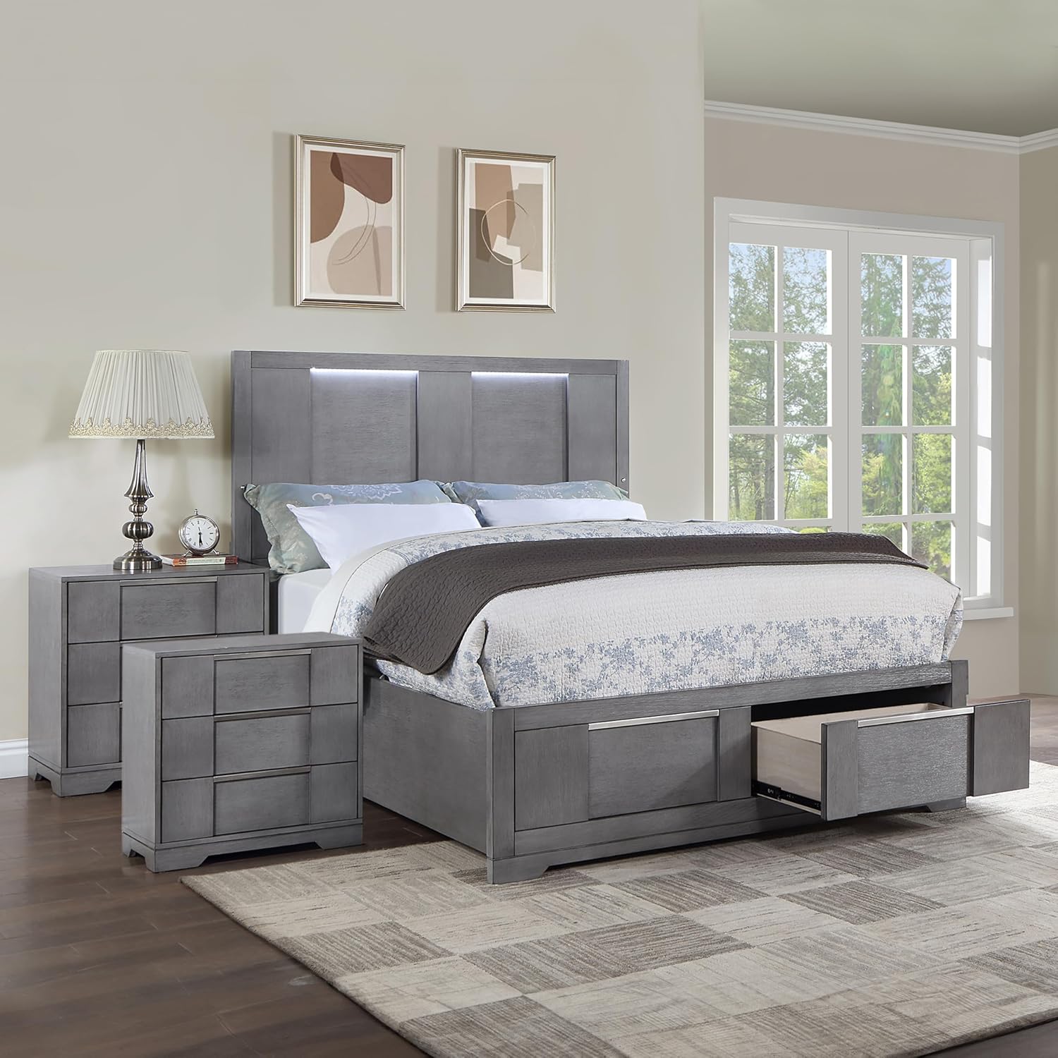 Furniture of America Del Rio Wood Frame 3-Piece Bedroom Set, King-Size Bed with Lighted Headboard & Drawers and 2 Nightstands, Mattress Ready, Gray