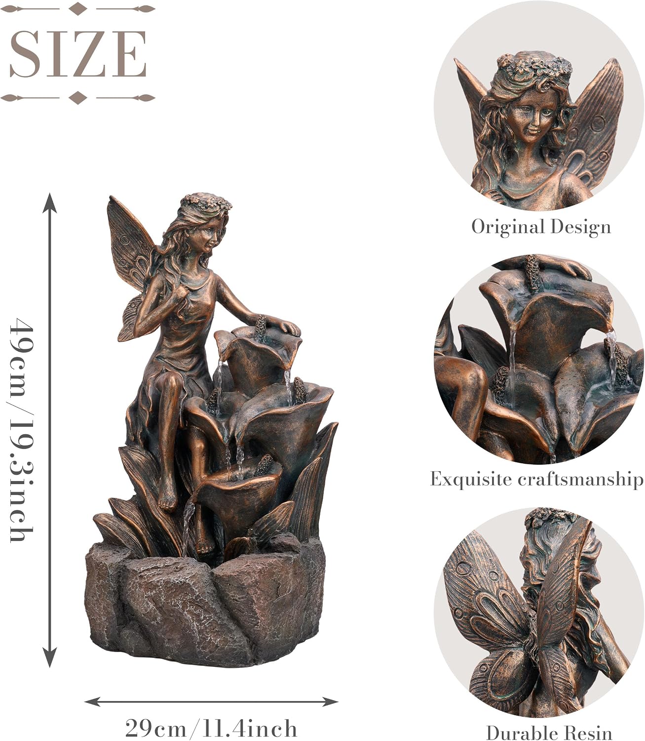 TERESA'S COLLECTIONS Water Fountain Outdoor Fairy Garden Statues with LED Lights and Pump, Large Floor Waterfall Backyard Water Fountains Porch Living Room Home Decor, Housewarming Gifts for Mom 19.3'
