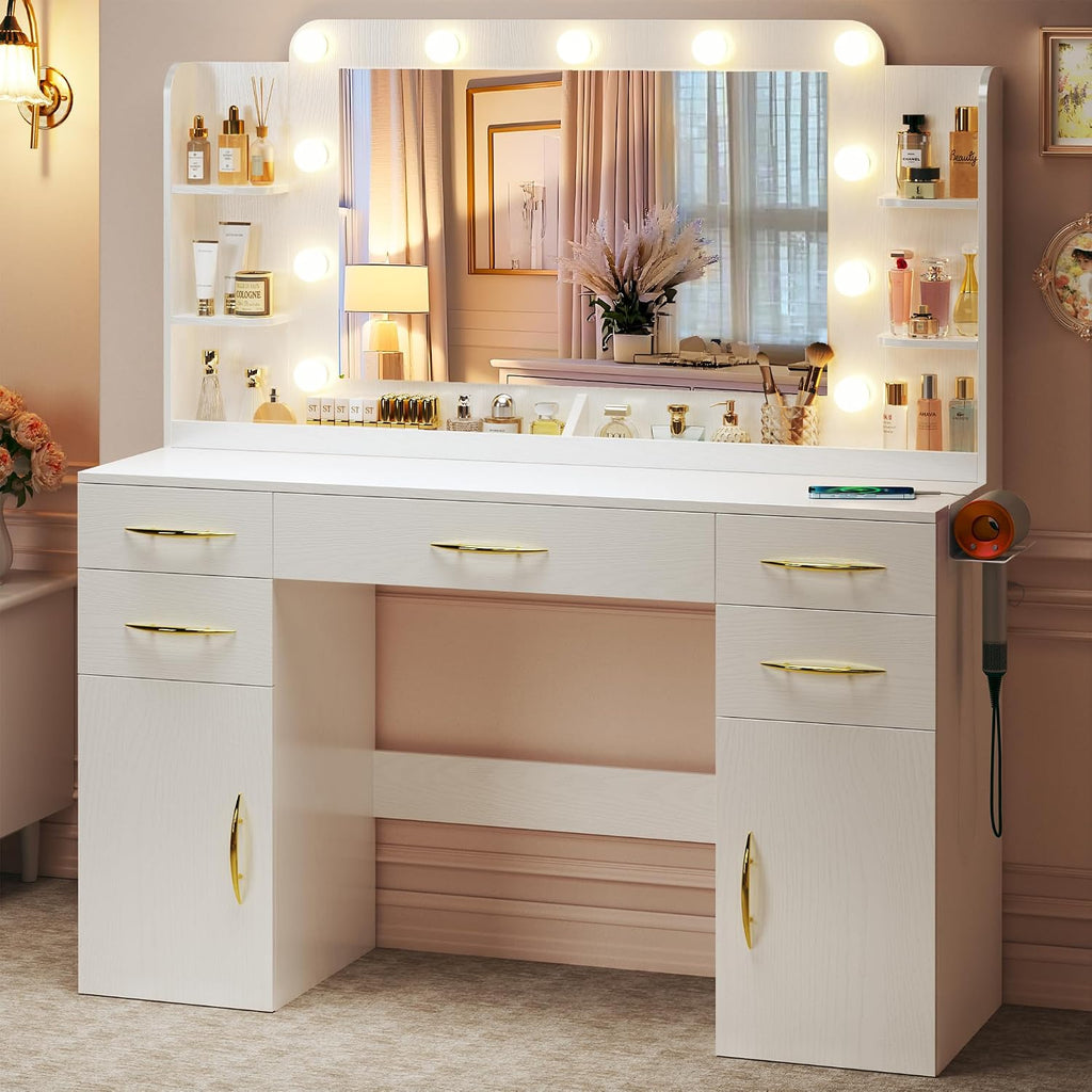 Large Vanity Desk with Mirror and Lights, 50' Wide Makeup Vanity Table, 3 Lighting Modes, Built-in Power Outlet, 5 Drawers & 2 Cabinets, Spacious 23.6' Legroom, Milky White