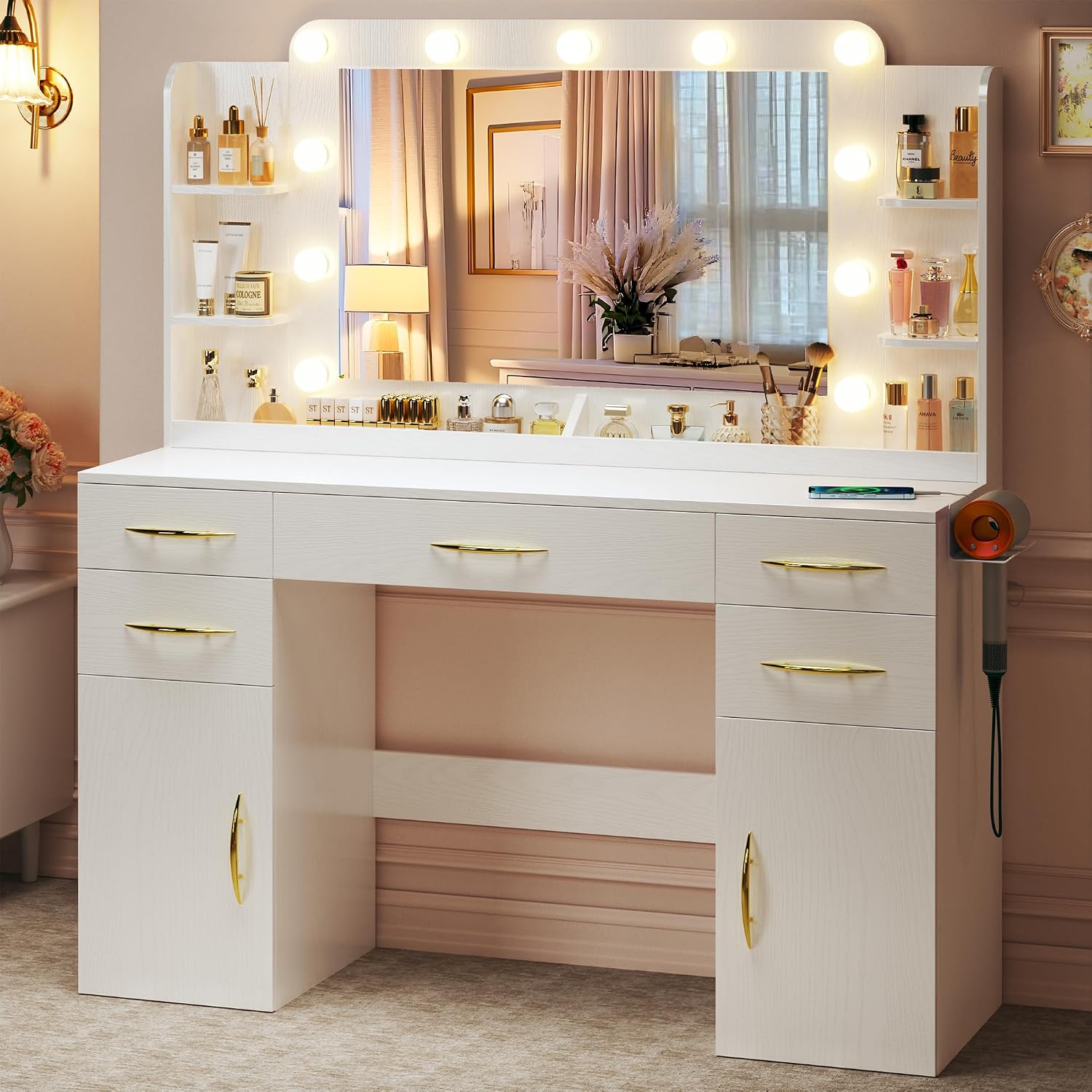 Large Vanity Desk with Mirror and Lights, 50' Wide Makeup Vanity Table, 3 Lighting Modes, Built-in Power Outlet, 5 Drawers & 2 Cabinets, Spacious 23.6' Legroom, Milky White
