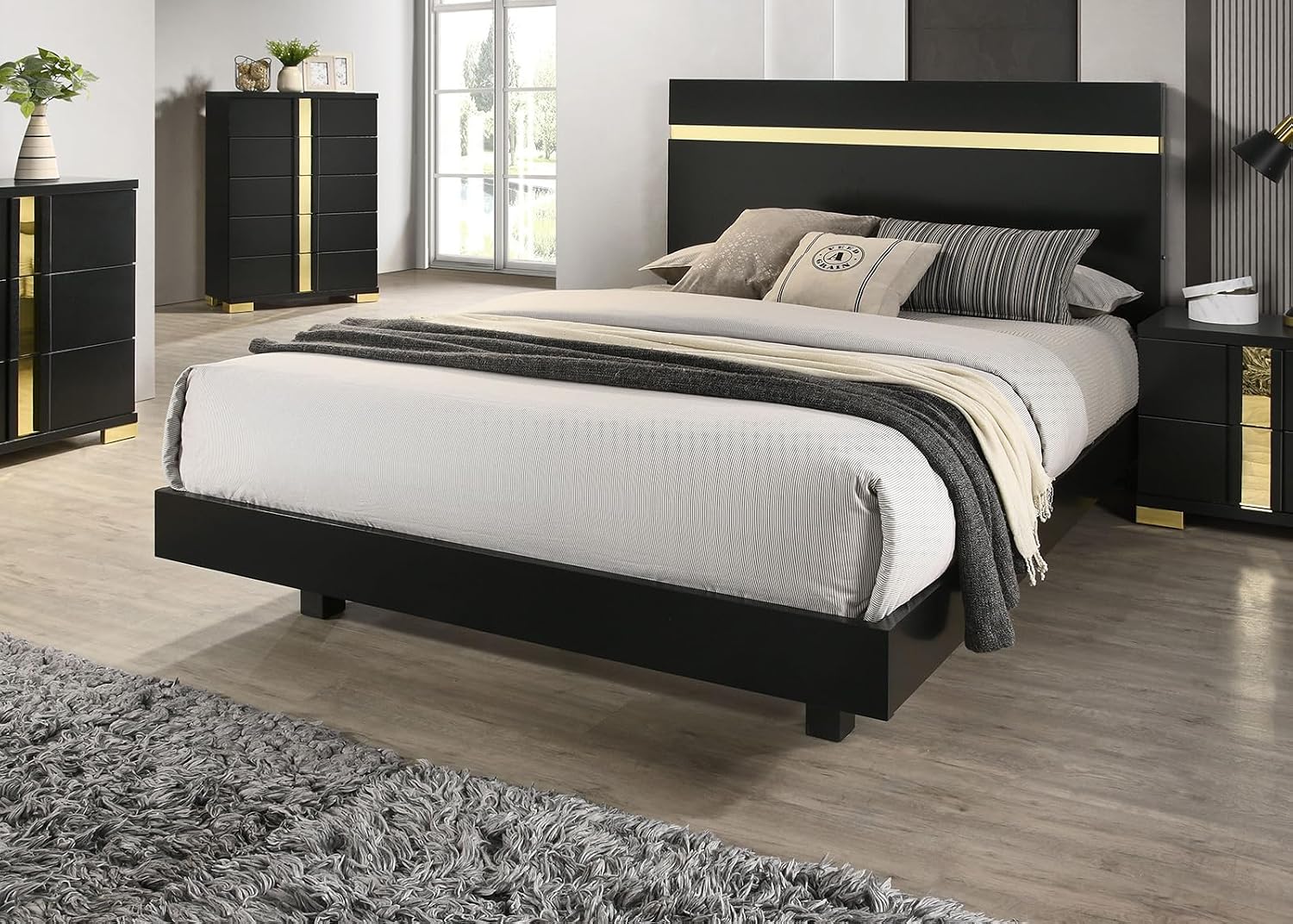 Black 3pc Bedroom Set King Size Bed w LED 2X Nightstands Mattress Ready Furniture Acrylic Trim