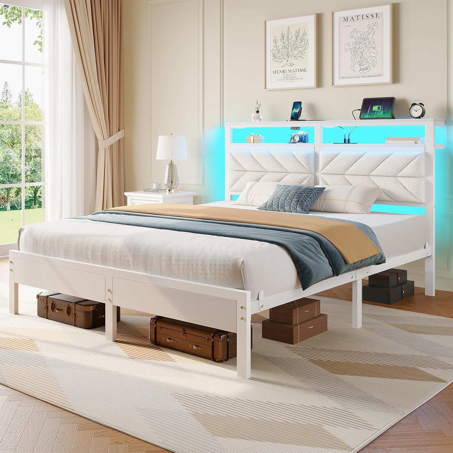 Seventable Bed Frame Queen Size with Charging Station, LED Bed with Upholstered Storage Headboard, Metal Platform Bed with Under Storage, No Box Spring Needed, Noise Free, Easy Assembly, White