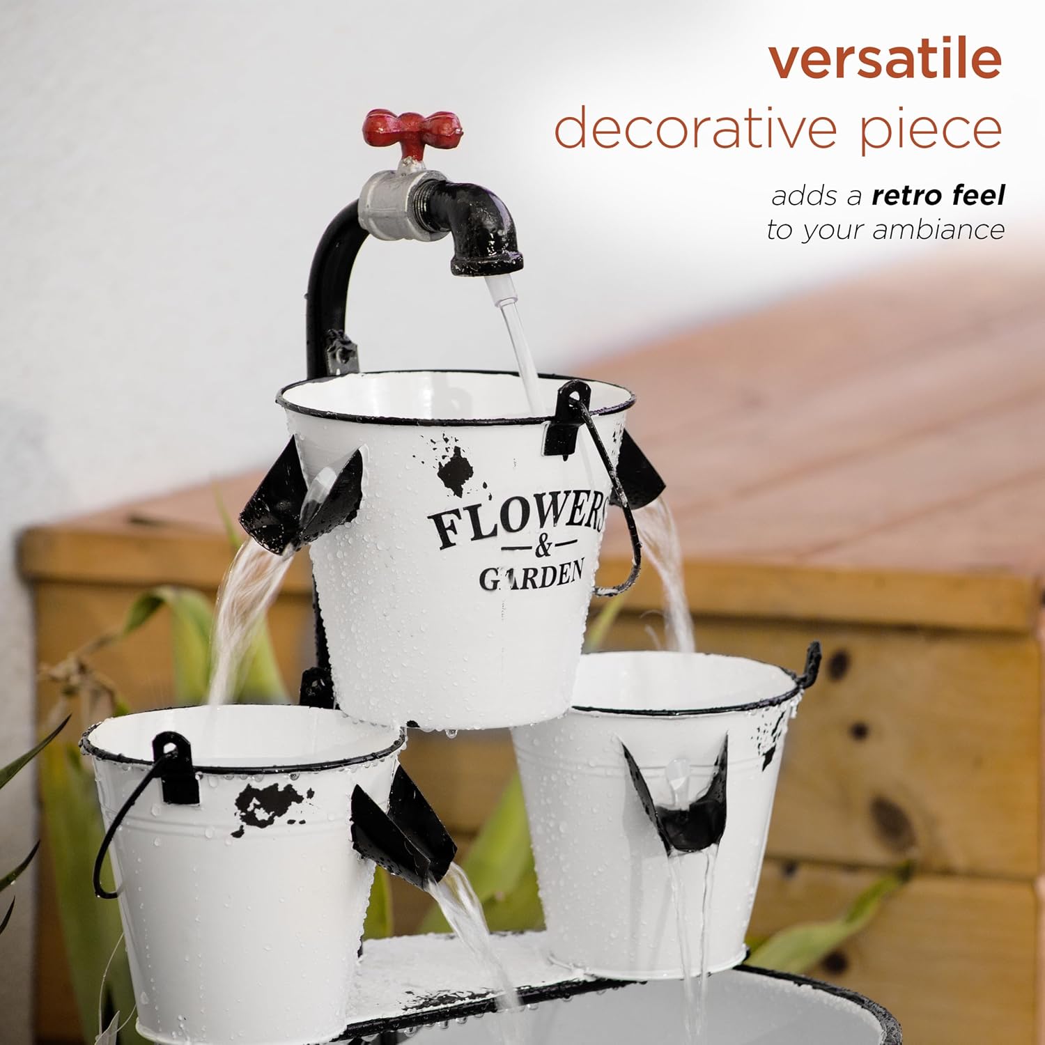 Alpine Corporation YHL424 36' Outdoor Floor Buckets with Faucet Water Fountain – Vintage Buckets Garden Water Feature, Charming Outdoor Fountain for Patio & Yard, White