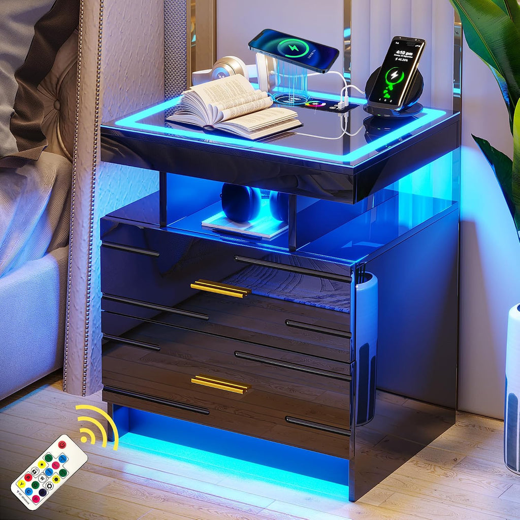 WOOVIVS Nightstand Set of 2 with RGB Lighst, LED Night Stand Set 2 with Wireless+USB+Type-C Charging Station, Smart Bedside Table with 2 Drawer,Remote,High Gloss Side Table for Bedroom -Black