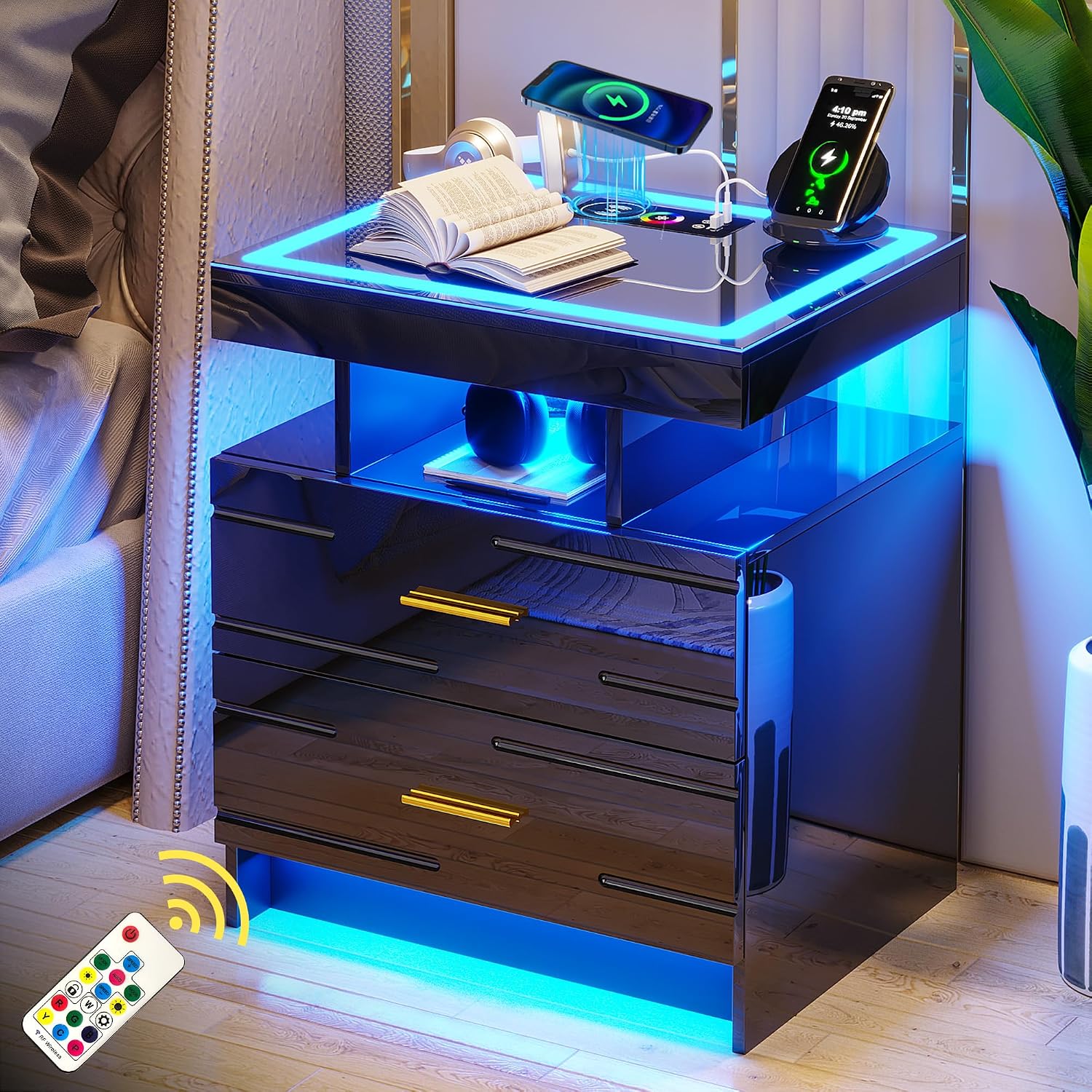WOOVIVS Nightstand Set of 2 with RGB Lighst, LED Night Stand Set 2 with Wireless+USB+Type-C Charging Station, Smart Bedside Table with 2 Drawer,Remote,High Gloss Side Table for Bedroom -Black
