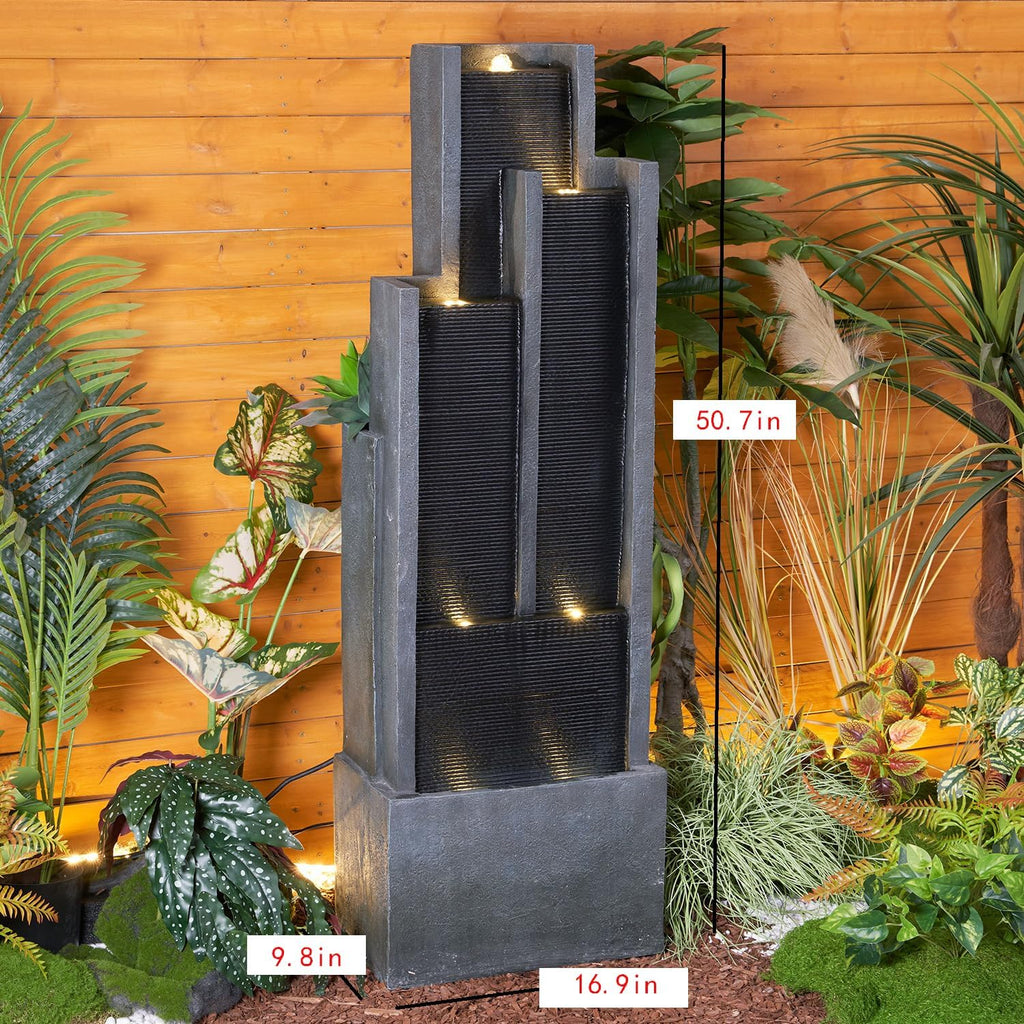 SunJet 5-Tier Modern Water Fountain, Indoor/Outdoor Resin Water Fountains with Soothing Water Sounds & Warm LED Light, Perfect for Garden, Patio, Home & Office, 16.9' L x 9.8' W x 50.7' H