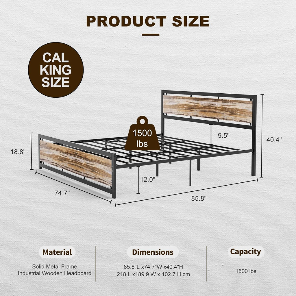 IKIFLY California King Size Metal Bed Frame/Industrial Cal King Platform Bed with Wooden Headboard Footboard/Heavy Duty Steel Slats Support/No Box Spring Needed（Cal King, Light Brown）