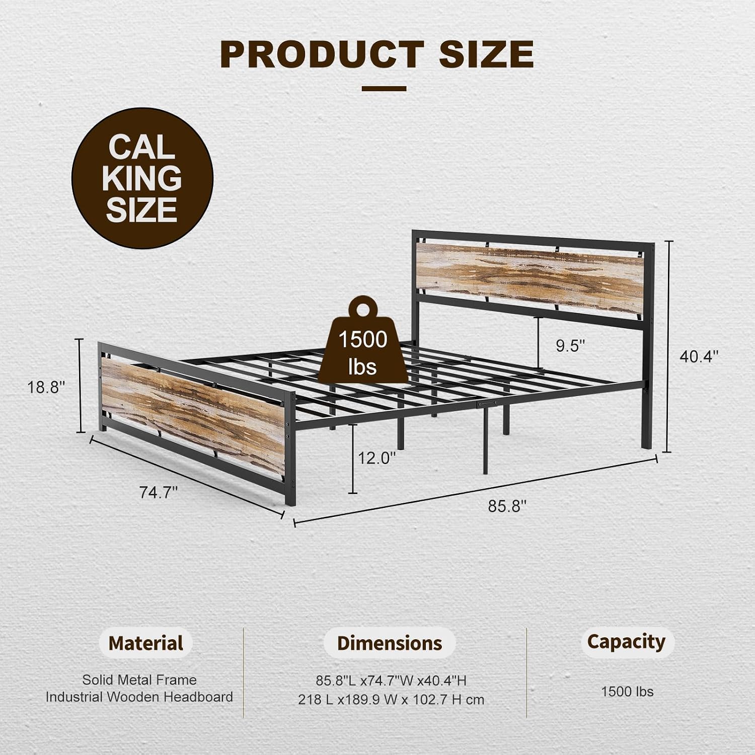 IKIFLY California King Size Metal Bed Frame/Industrial Cal King Platform Bed with Wooden Headboard Footboard/Heavy Duty Steel Slats Support/No Box Spring Needed（Cal King, Light Brown）