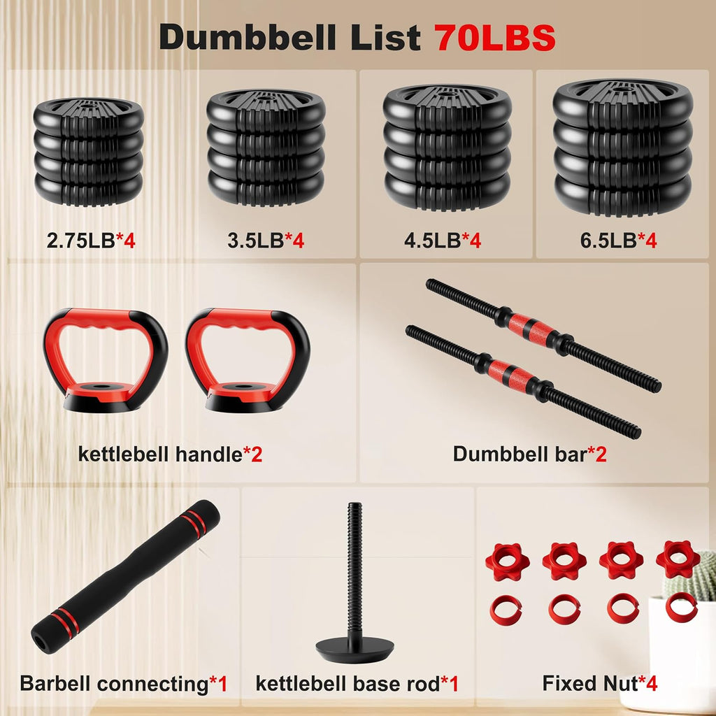 Adjustable Dumbbell Set, 10/20/30/45/70/90lbs Free Weight Set with Connector, 5 in1 Dumbbells Set Used as Barbell, Kettlebells, Push up Stand,Weight Plate, Fitness Exercises for Home Gym Suitable Men/Women
