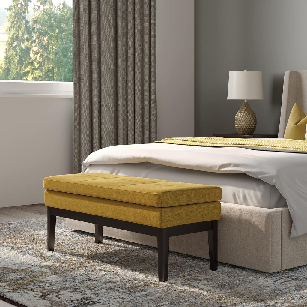 SIMPLIHOME Carlson Ottoman Bench - 45 inch Wide Upholstered Vegan Leather Rectangle Ottoman in Marigold, Mid Century Modern Bench for Bedroom, Entryway or Living Room with Padded Seat