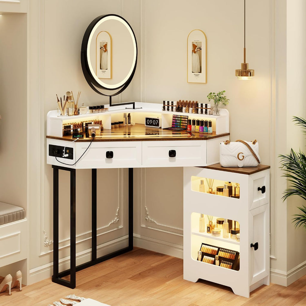 FREDEES Makeup Vanity with Mirror and Lights, Corner Vanity Table with Charging Station for Bedroom/Cloakroom, Glass Top Vanity Set with Drawers and Shelves, White