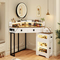 FREDEES Makeup Vanity with Mirror and Lights, Corner Vanity Table with Charging Station for Bedroom/Cloakroom, Glass Top Vanity Set with Drawers and Shelves, White
