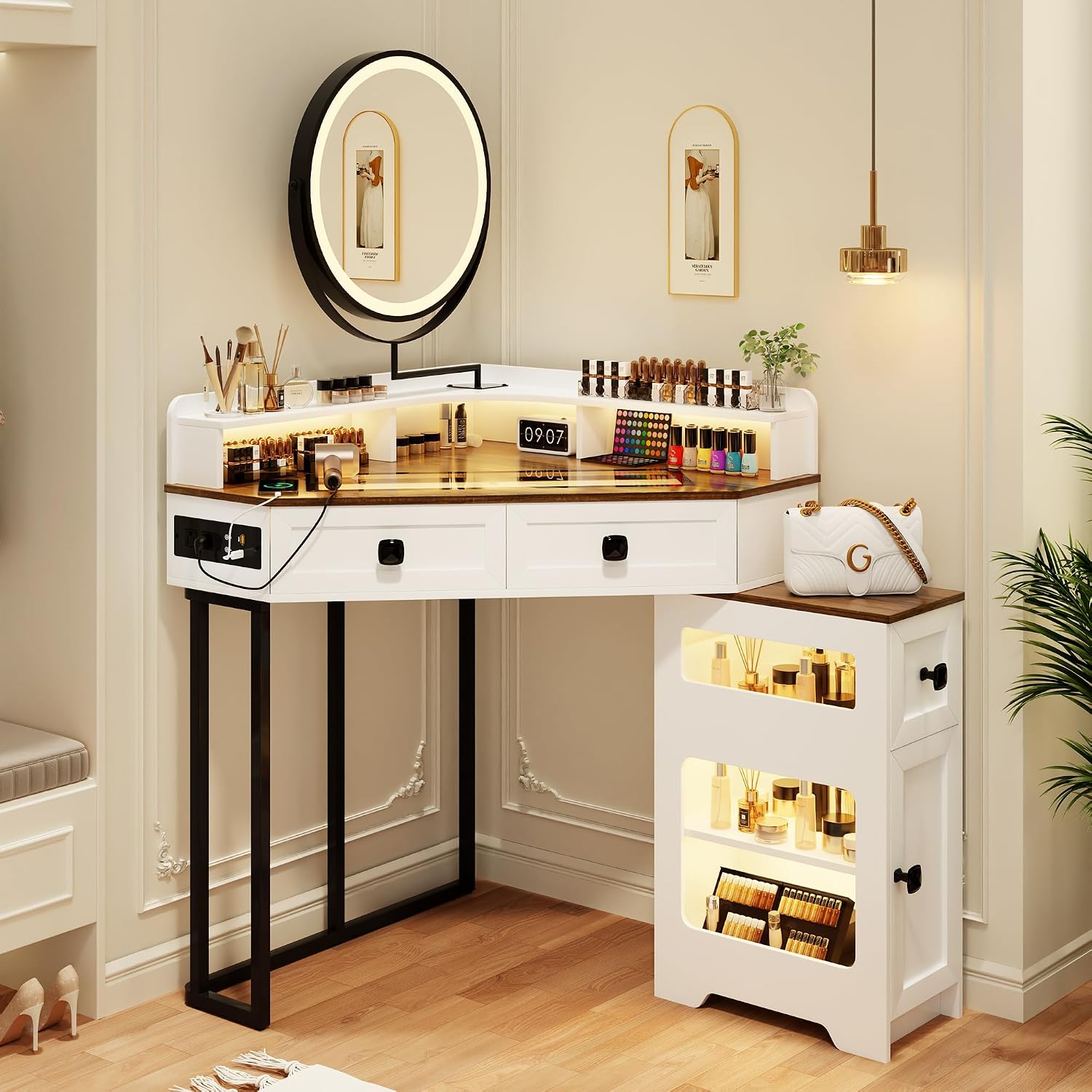FREDEES Makeup Vanity with Mirror and Lights, Corner Vanity Table with Charging Station for Bedroom/Cloakroom, Glass Top Vanity Set with Drawers and Shelves, White