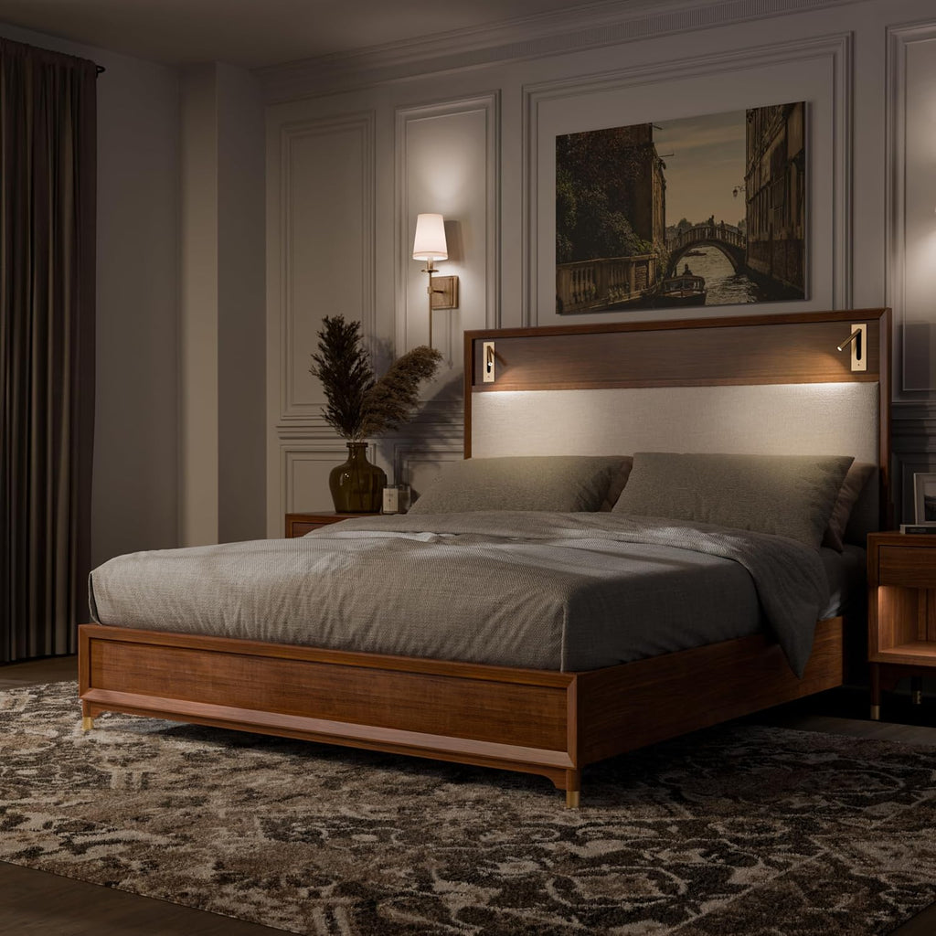 Furniture of America Forma Mid-Century Modern Solid Wood 2-Piece Bedroom Collection, Upholstered Bed Frame with LED Reading Light and Nightstand with Power Ports, No Box Spring Needed, Walnut, Queen