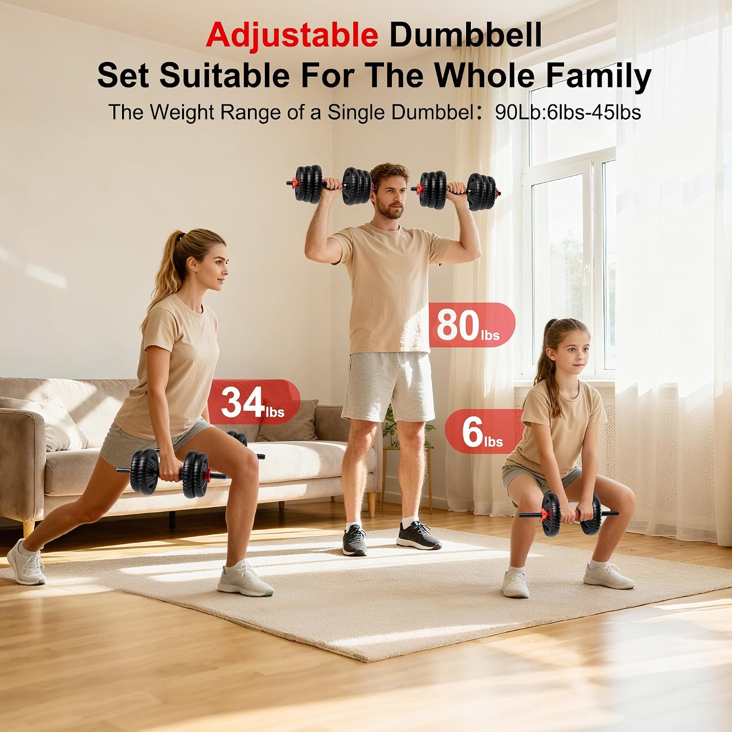Adjustable Dumbbell Set, 10/20/30/45/70/90lbs Free Weight Set with Connector, 5 in1 Dumbbells Set Used as Barbell, Kettlebells, Push up Stand,Weight Plate, Fitness Exercises for Home Gym Suitable Men/Women