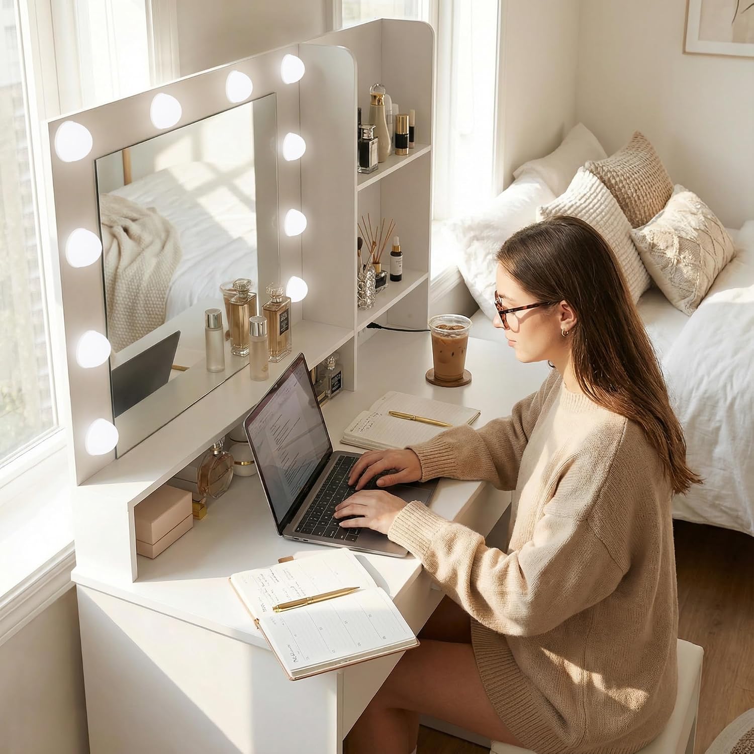YESHOMY 39' Vanity Desk with Mirror & Lights, Makeup Vanity Table with Power Outlet & Storage Drawers, 3 Color LED Lighting, Dressing Table for Bedroom,Snow White