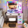 WOOVIVS Vanity with LED Mirror, Makeup Desk with 24 RGB Atuo Lighted Drawers for Bedroom, Glass Top Vanities Table Set with Wireless Charging Station, Chair,Jewelry Organizer for Girls/Women (White)