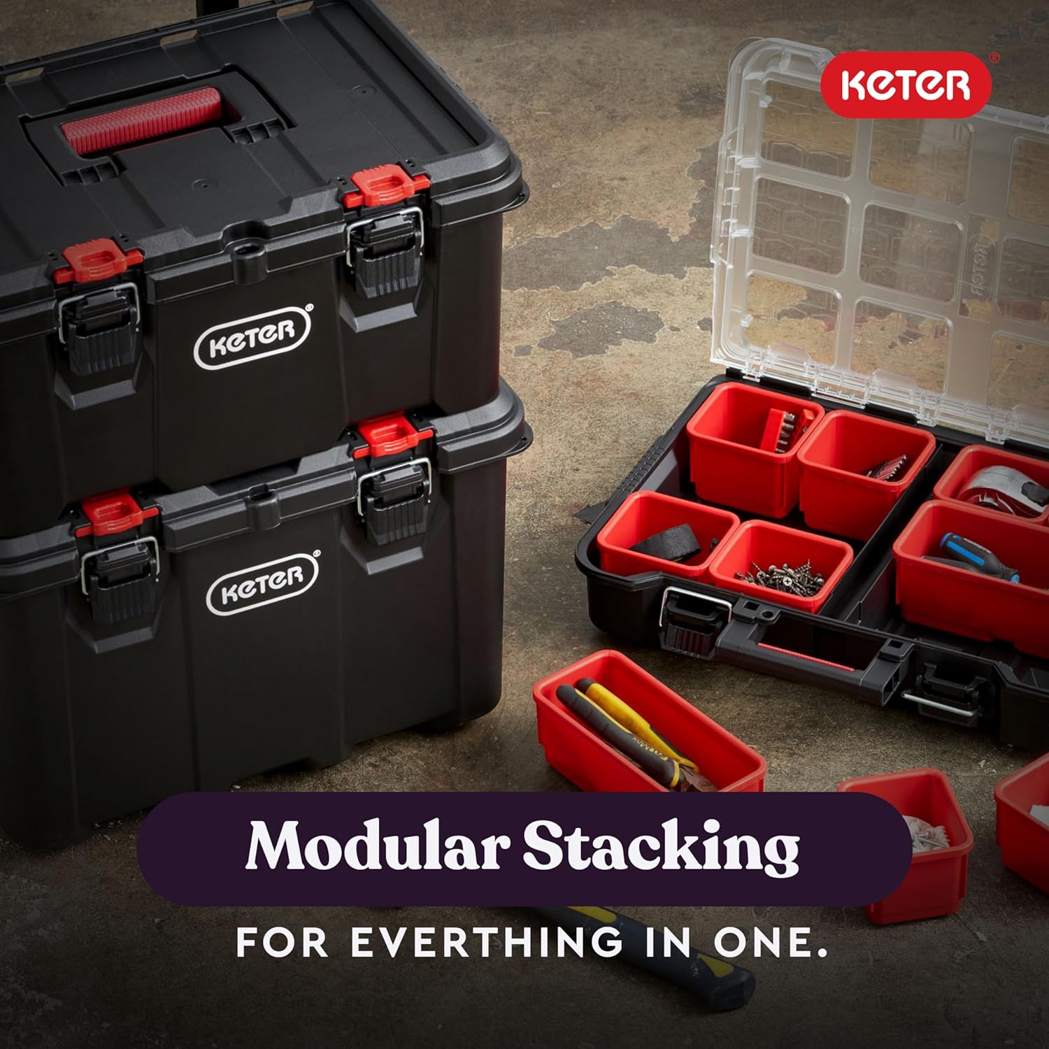Keter Stack-n-Roll Modular Tools Organizer for Garage Storage and DIY, 3 Piece Resin Rolling Tool Box System for Small Parts, Black