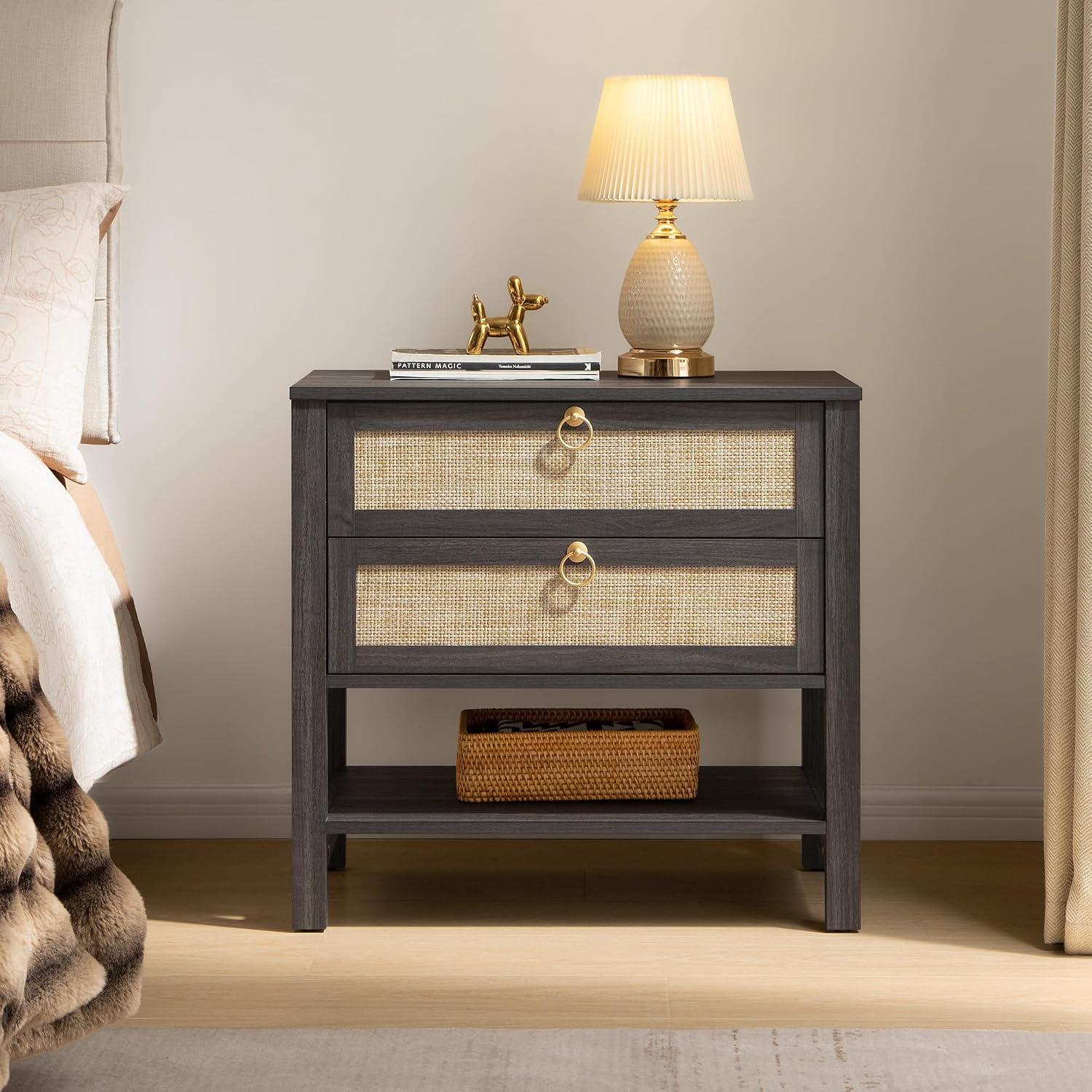 SICOTAS Night Stand with Drawers and Storage Shelf - Large Nightstands Rattan Decor Boho Bedside Table Narrow Side Table for Bedroom, Small Space