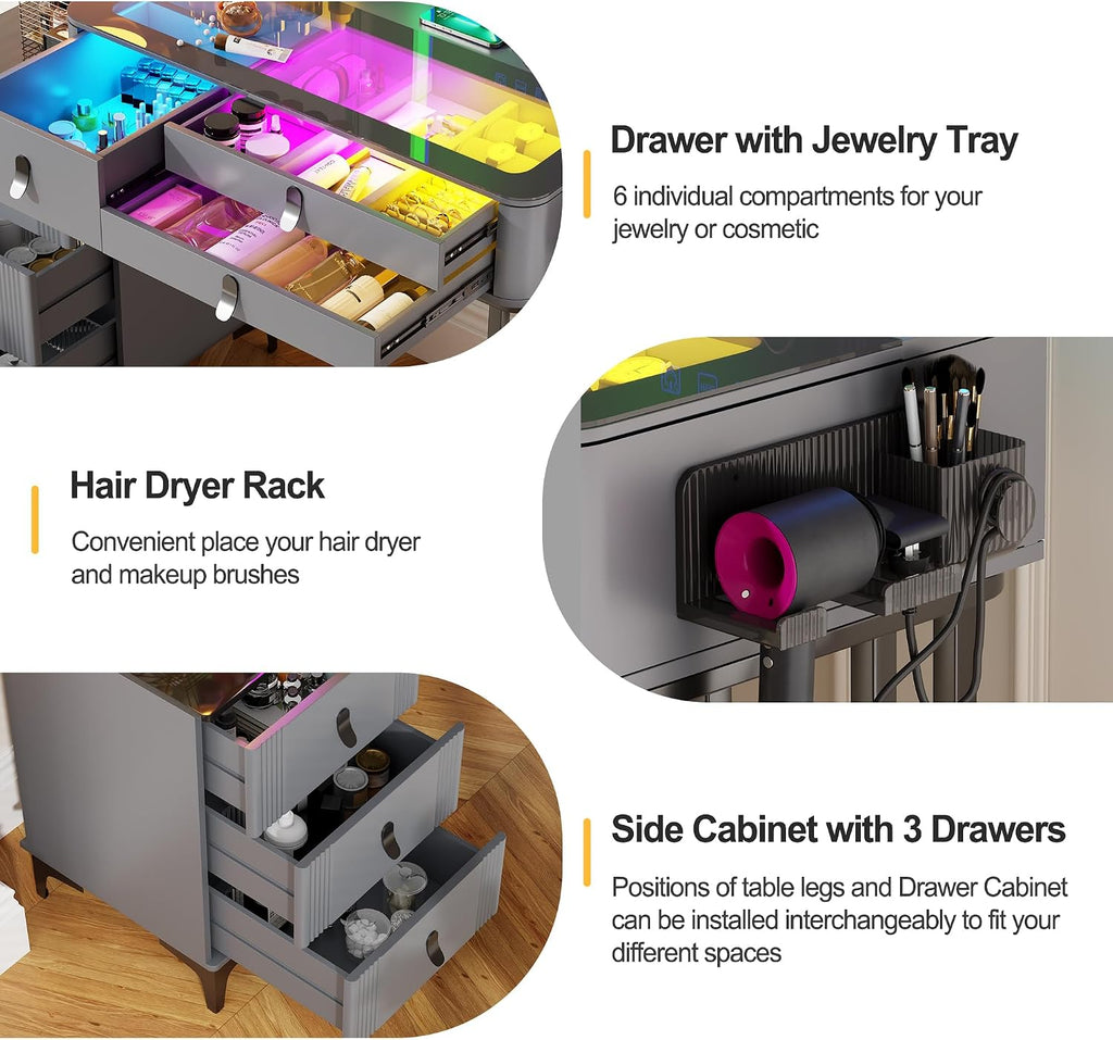 RGB Vanity Desk with Mirror and Lights, Glass Top Makeup Vanity Table with Wireless Charging Station, Dressing Table with Chair & 6 Drawers (Grey)