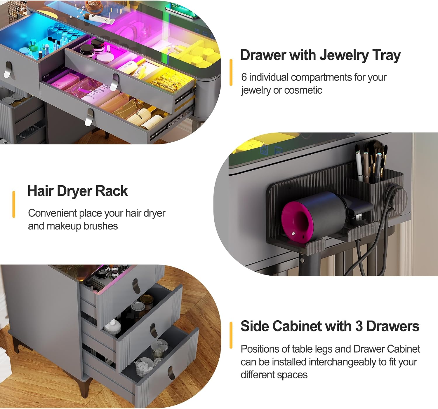 RGB Vanity Desk with Mirror and Lights, Glass Top Makeup Vanity Table with Wireless Charging Station, Dressing Table with Chair & 6 Drawers (Grey)
