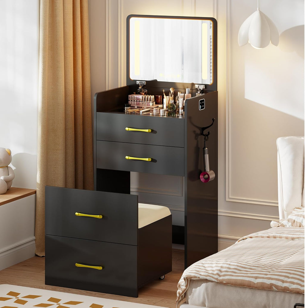 3 in 1 Vanity Desk with Flip up Mirror and Lights, Glass Top Makeup Vanity Table with Charging Station,LED Compact Dressing Table with 3 Drawer and Wheel Storage Stool for Bedroom(Black)
