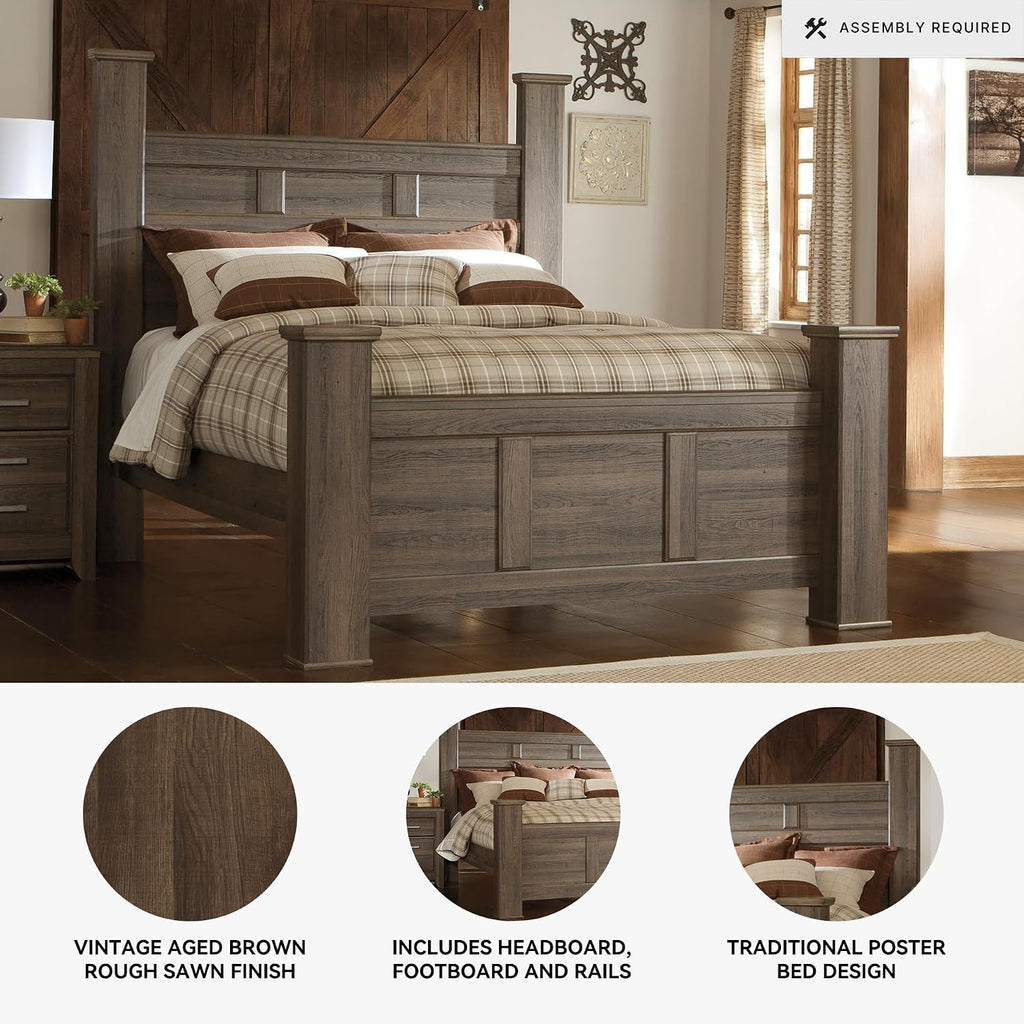 Signature Design by Ashley Juararo Casual Queen Poster Bed with Metal Slats, Foundation or Box Spring Needed, Dark Brown