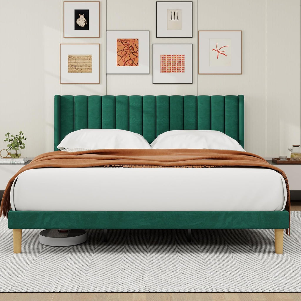 alazyhome Platform Bed Frame King Size with Upholstered Headboard, Solid Wood Slats Support, No Box Spring Needed, Noise Free, Easy Assembly, Modern Velvet Bed, Green