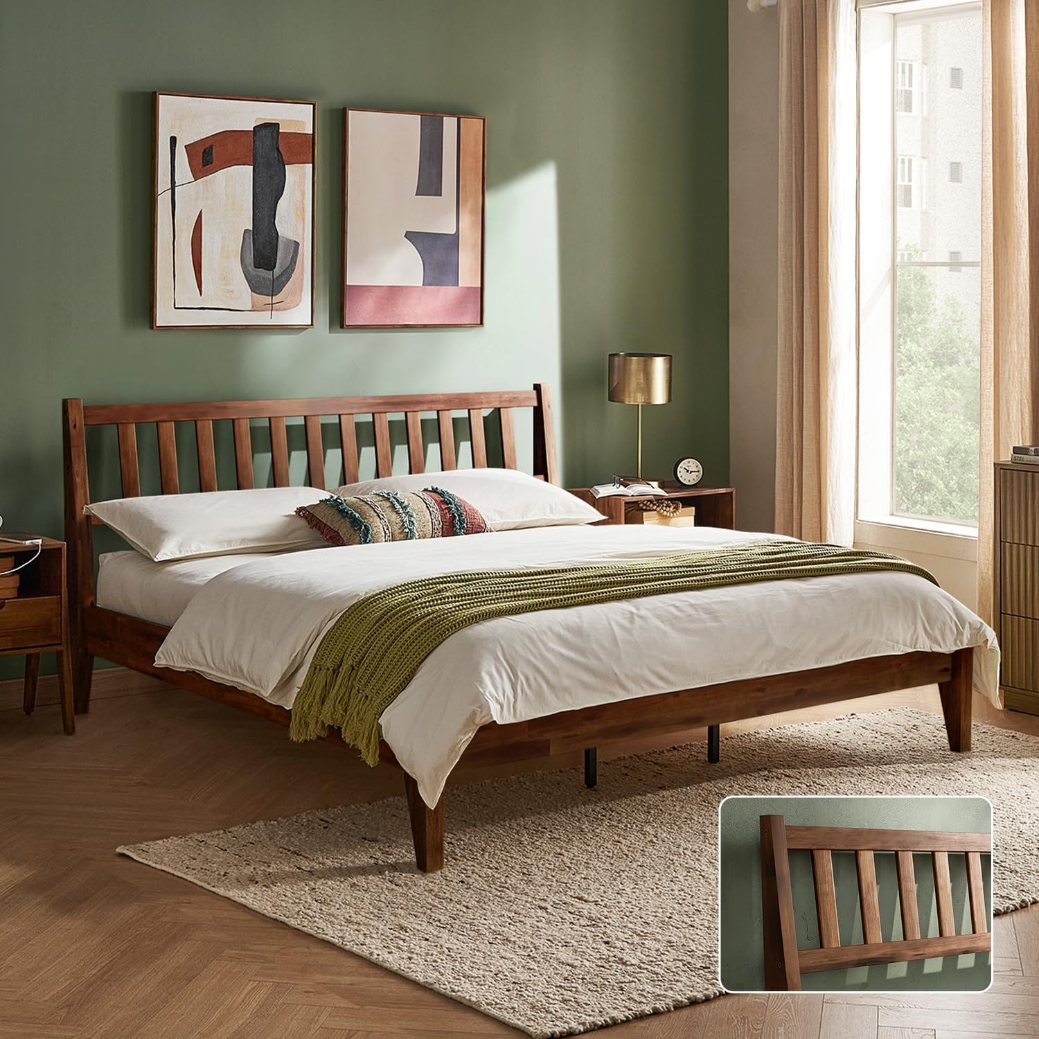 mopio Ted Bed Frame with Headboard, Mid Century Modern Acacia Solid Wood Platform Bed Frame, Wooden Slats, No Box Spring, Double Metal Bar Support (Solid Wood, King (U.S. Standard))