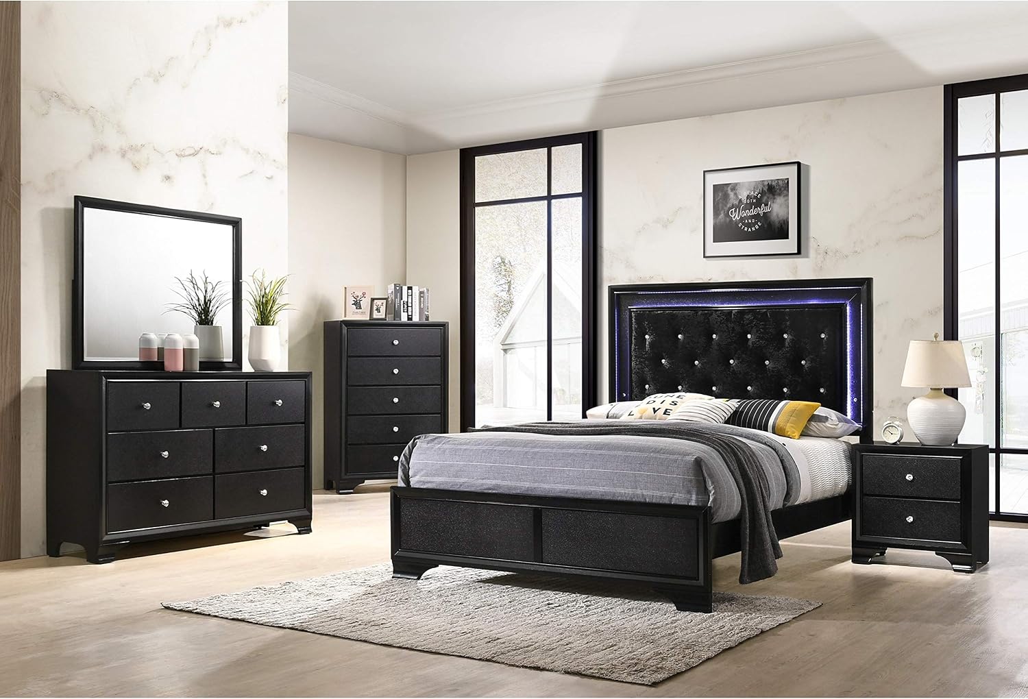 1pc King Size Bed Transitional Style Black Finish LED Light Fabric Upholstery Headboard Bedroom Wooden Furniture, HS-B4350