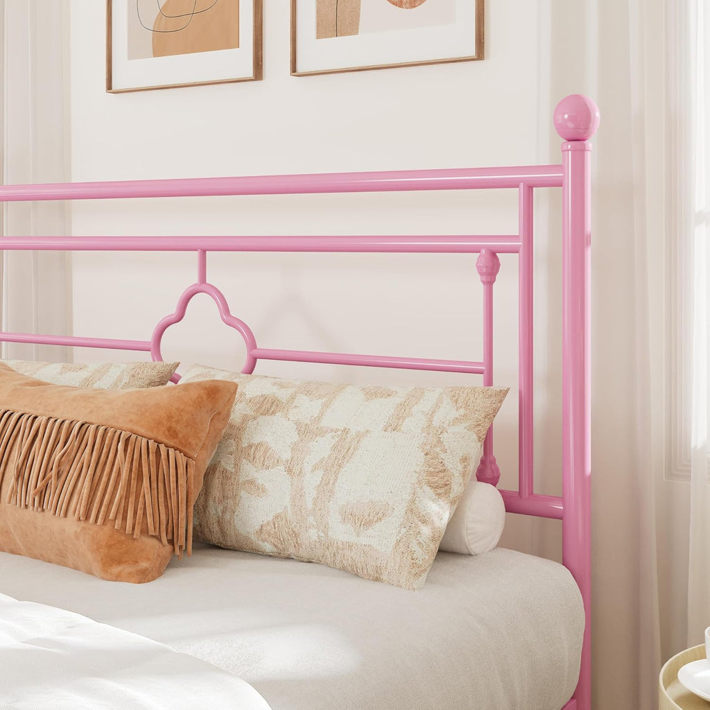 Allewie King Size Metal Platform Bed Frame with Victorian Vintage Headboard and Footboard/Mattress Foundation/Under Bed Storage/No Box Spring Needed/Noise-Free/Easy Assembly, Pink