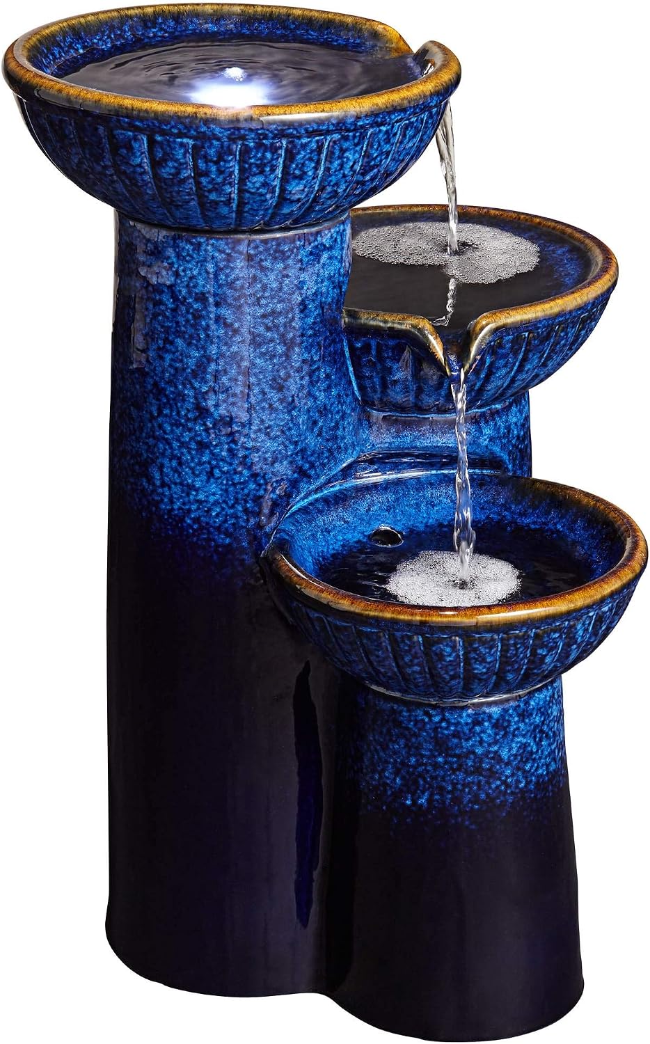 3-Bowl 26 3/4' High Large Modern Outdoor Decor Blue Cobalt Ceramic Floor Fountain with Light LED Standing Waterfall Tiered Water Feature for Outside Garden Patio Yard Backyard - John Timberland