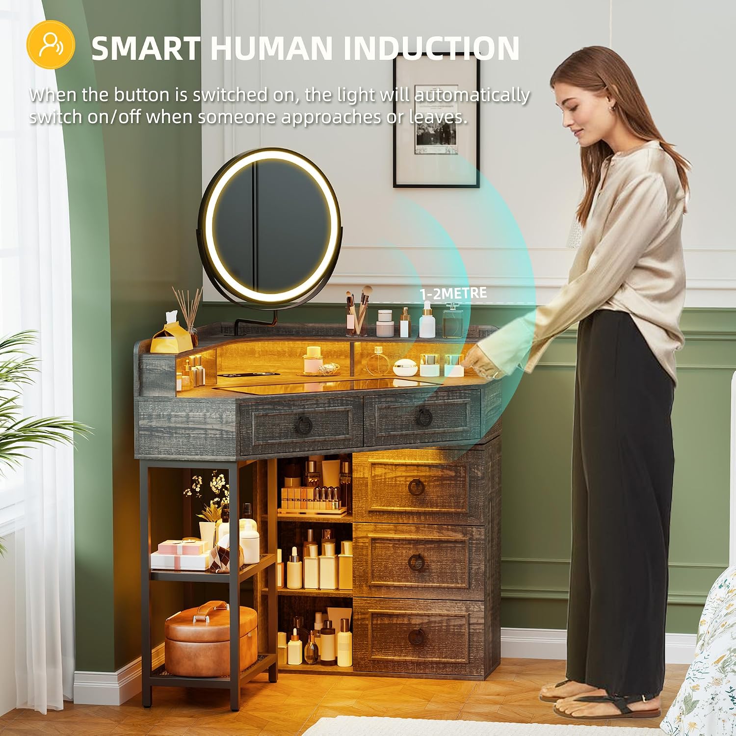 Lvifur Corner Vanity Desk with Mirror and Lights,Brown Corner Makeup Vanity with Charging Station, 3 Color Led Light Settings, 5 Drawers, and Open Shelves for Bedroom, Women, and Girls