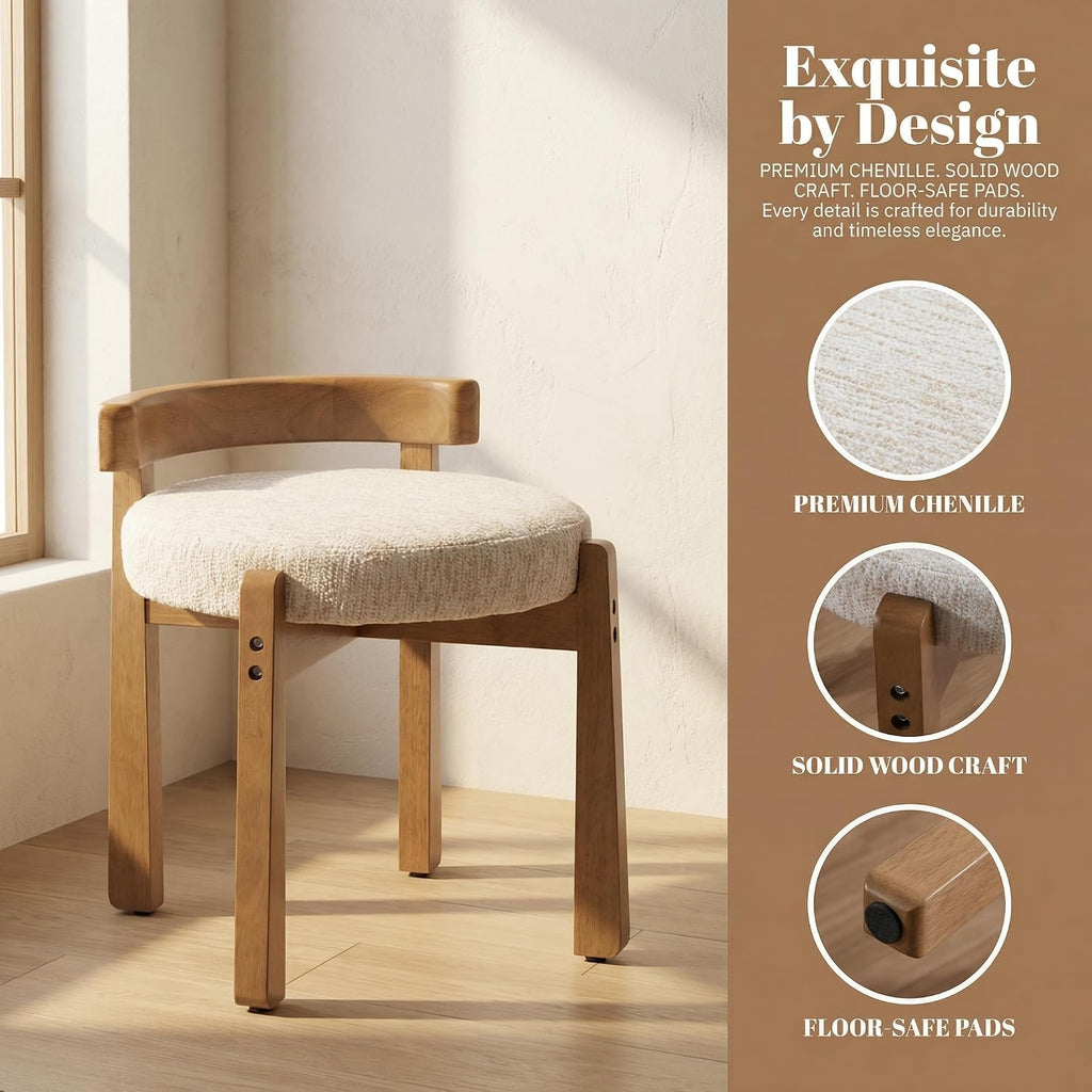 HNY Modern Chenille Vanity Chair & Ottoman: Upholstered Round Seat with Solid Wood Legs, for Makeup Dressing, Living Room Footrest or Piano Bench, Beige