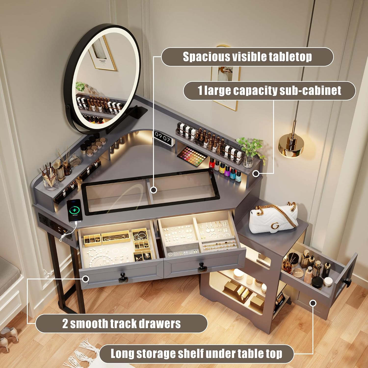 FREDEES Makeup Vanity with Mirror and Lights, Corner Vanity Table with Charging Station for Bedroom/Cloakroom, Glass Top Vanity Set with Drawers and Shelves, Grey