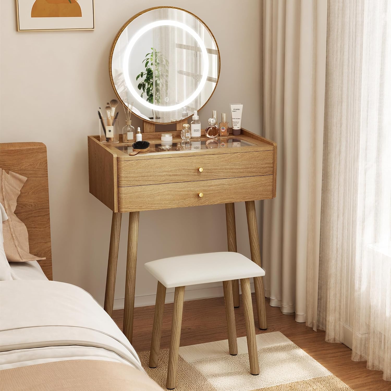 Glass Top Vanity Desk with Mirror and Lights, Small Makeup Table with Cushioned Stool, 2 Drawers Compact Vanity for Small Spaces with 6 Grid Organizer, 3 Lighting Modes, Natural Oak