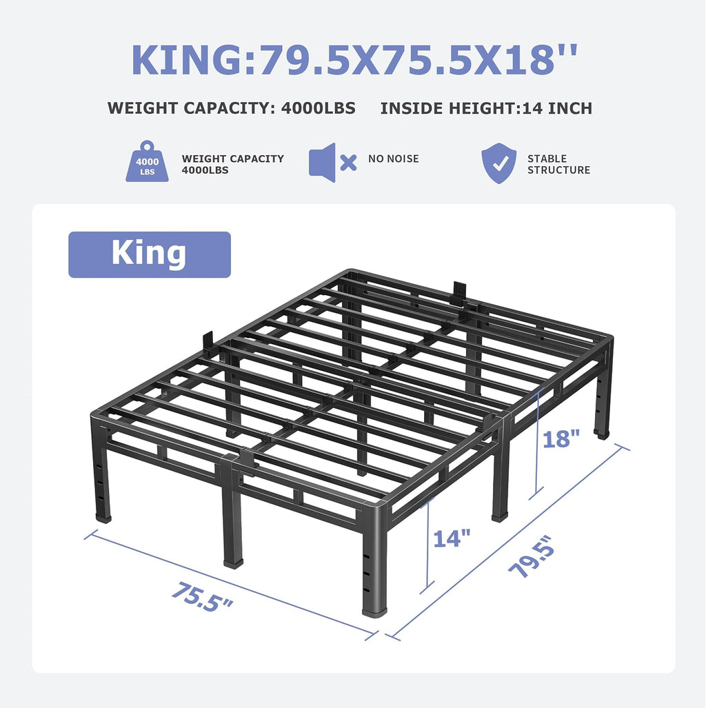NKZ 18 Inch King Size Bed Frame, Metal Bed Frame & Box Spring 2 in 1 Platform with Round Corner Legs, 4000Lbs Heavy Duty Metal Frame, Mattress Slide Stopper, Headboard Hole, Noise-Free, Easy Assembly