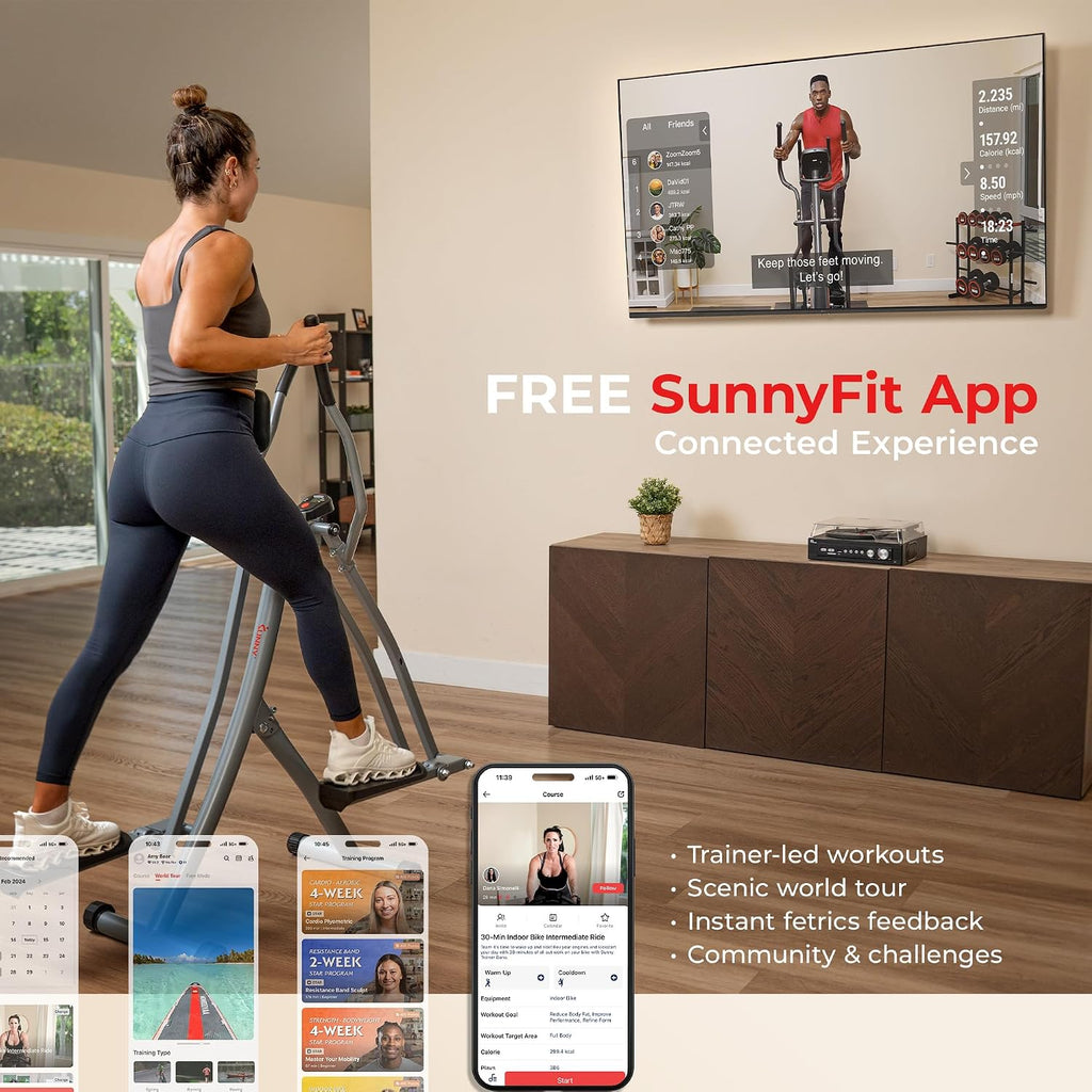 Sunny Health & Fitness Foldable Air Walk Elliptical, 30' inch Long Stride Glide Exercise Full-Body Cardio Cross Smart Trainer for Home Office, SunnyFit App via Bluetooth with Adjustable Resistance