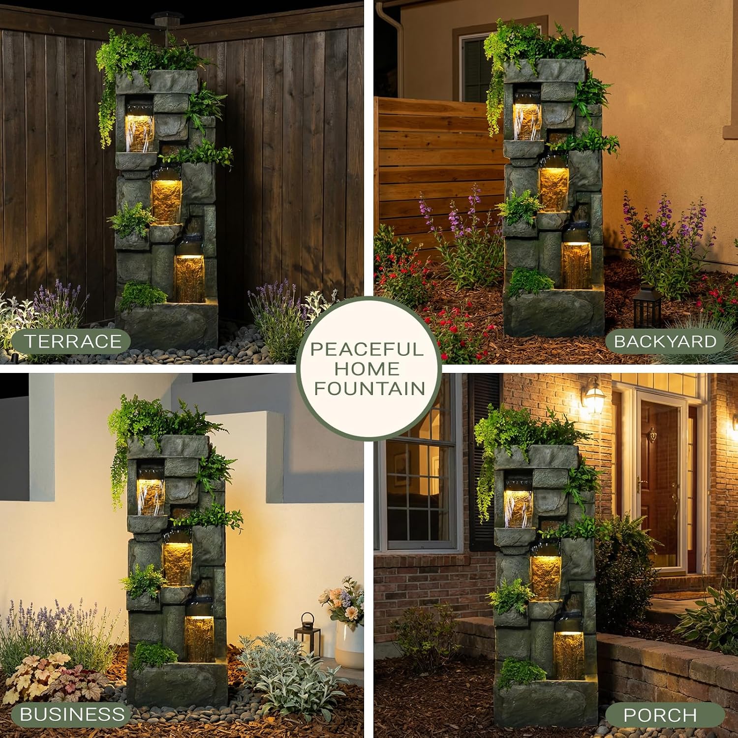 Bumilgar Garden Water Fountains Outdoor Floor Standing, 3 Tier Rock Waterfall Fountain with LED Lights and Pump for Garden, Patio, Backyard, Deck, Porch and Home Art Deco, 56.3' Very Tall