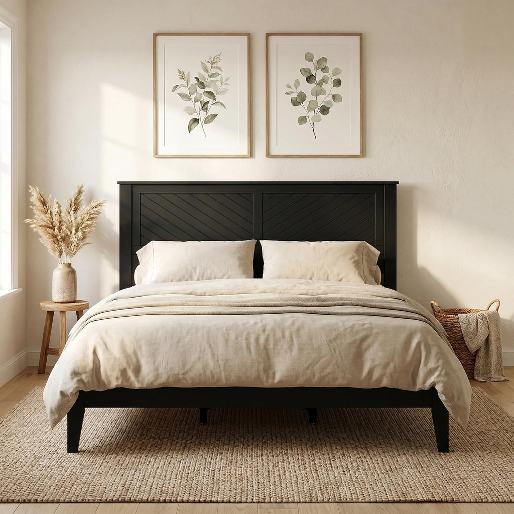 ComfIQ Solid Wood Platform Bed with Wooden Slats – Durable Frame, No Box Spring Required, Ample Underbed Storage, Black, King, Bed and Chevron Headboard