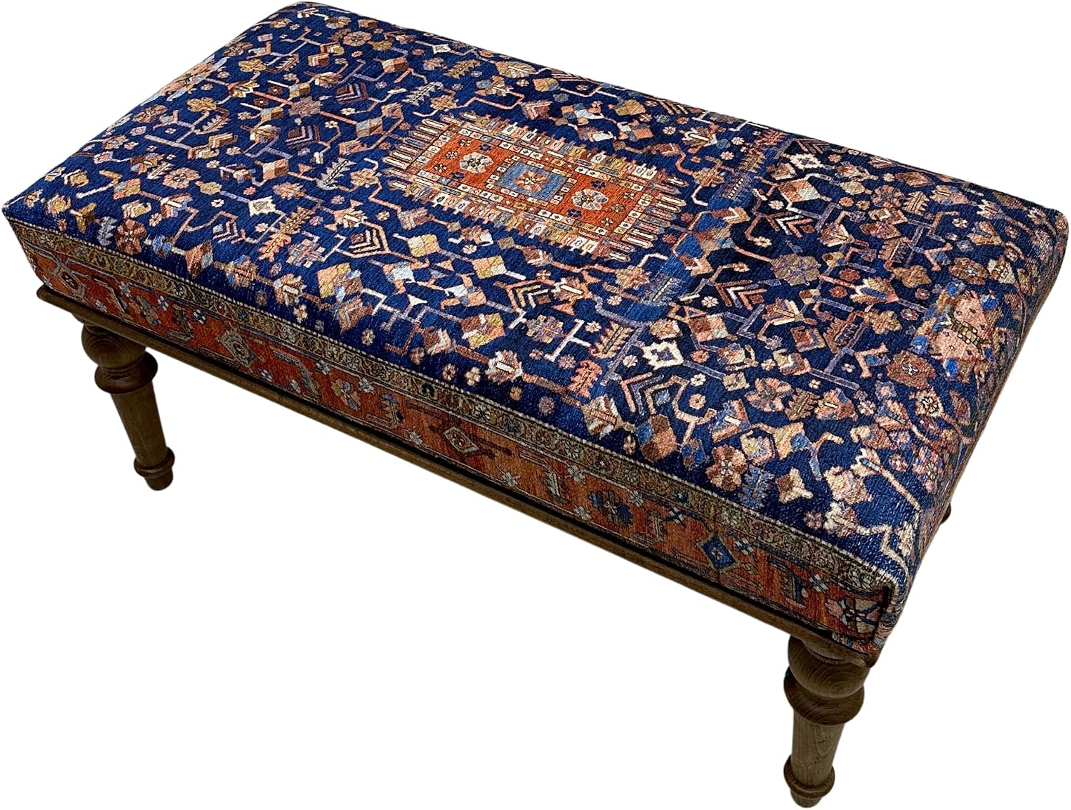 Boho Turkish Rug Upholstered Wood Ottoman Bench, Piano Bench, Blue Decorative Entryway Bench, Bedroom Ottoman, Kitchen Dining Bench, Footstool Ottoman Handmade (18x18X36, Blue Floral)