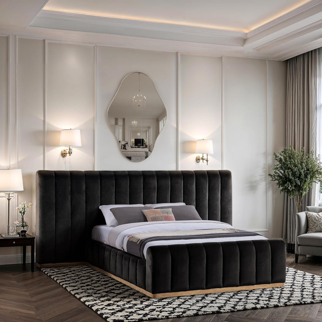 Meridian Furniture AmaraBlack-Q117 Collection Modern | Contemporary Queen Bed, Ultra Luxe Black 460 GSM Velvet, Natural Finish, Solid Wood Base and Inner Frame, 117' W x 99' D x 51' H, Black, Queen