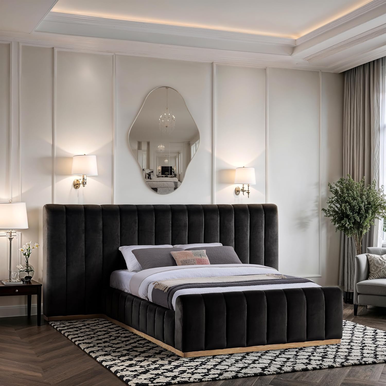 Meridian Furniture AmaraBlack-Q117 Collection Modern | Contemporary Queen Bed, Ultra Luxe Black 460 GSM Velvet, Natural Finish, Solid Wood Base and Inner Frame, 117' W x 99' D x 51' H, Black, Queen