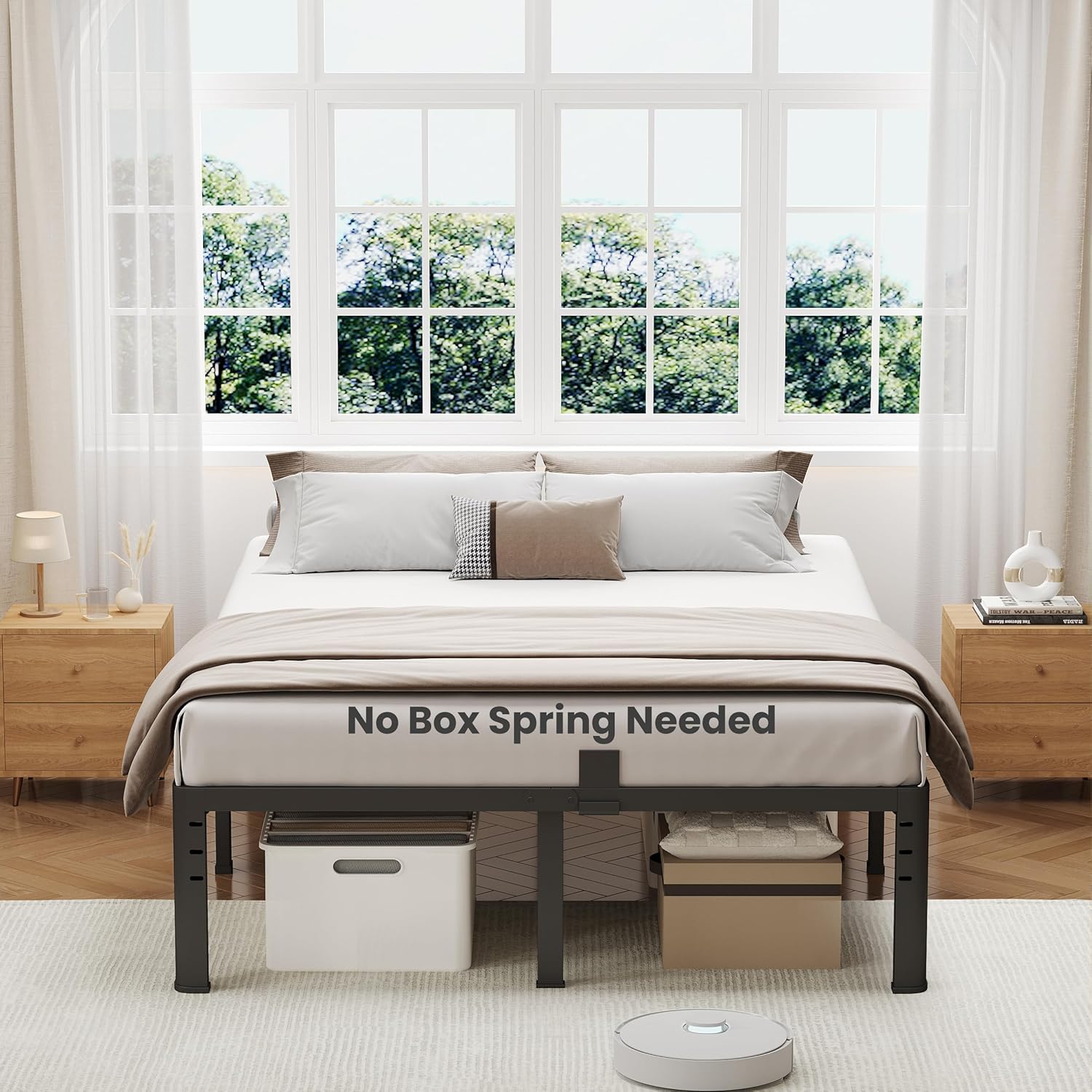 NKZ 18 Inch Metal Platform Bed Frame,Queen Bed Frame with Storage Space, No Box Spring Needed, Easy Assembly, Noise Free, 3,500 lbs Heavy Duty Steel Slats Support